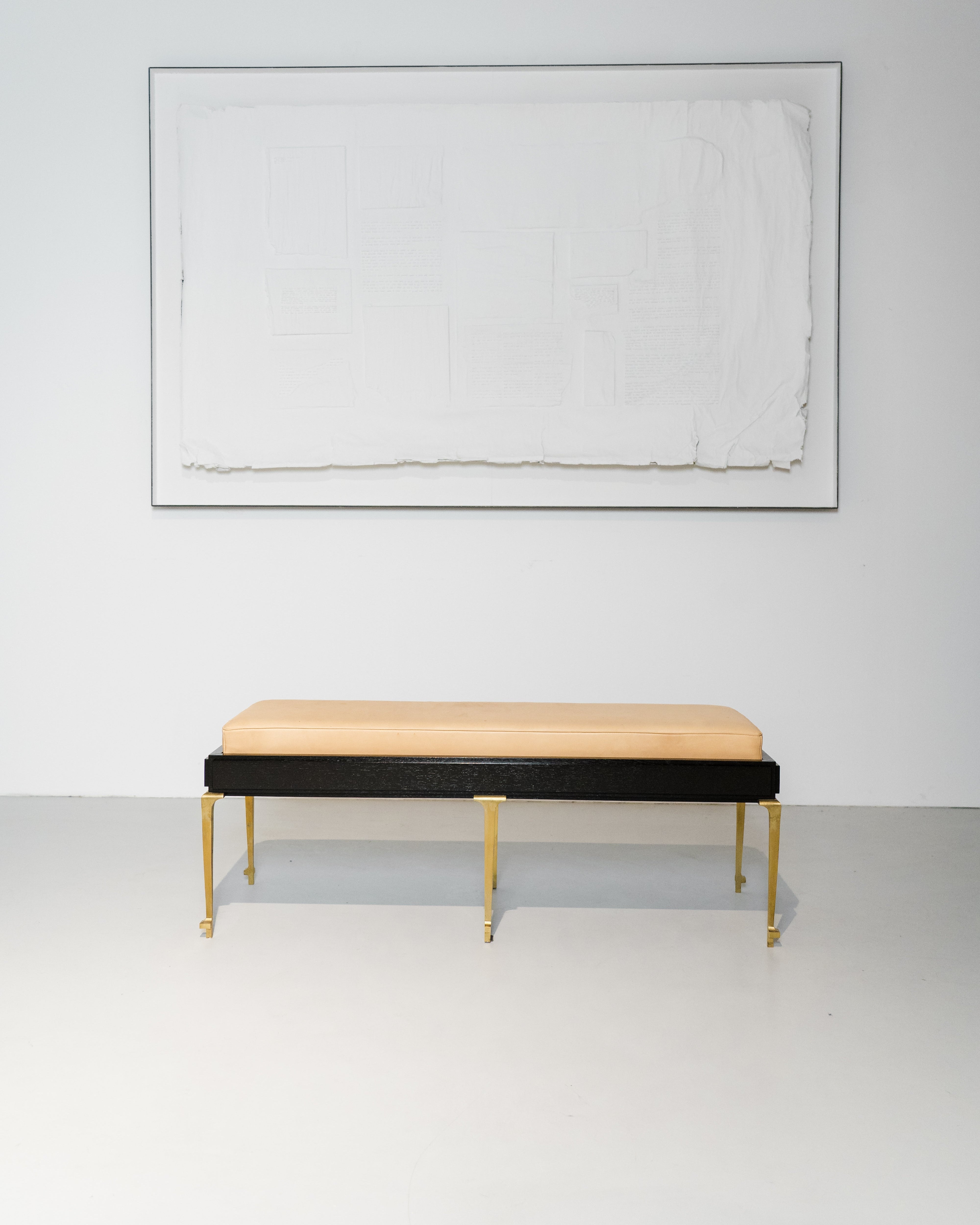 PH Bench by Poul Henningsen, Danish design classic (1930s) Bench with beige leather seat and black frame with brass legs