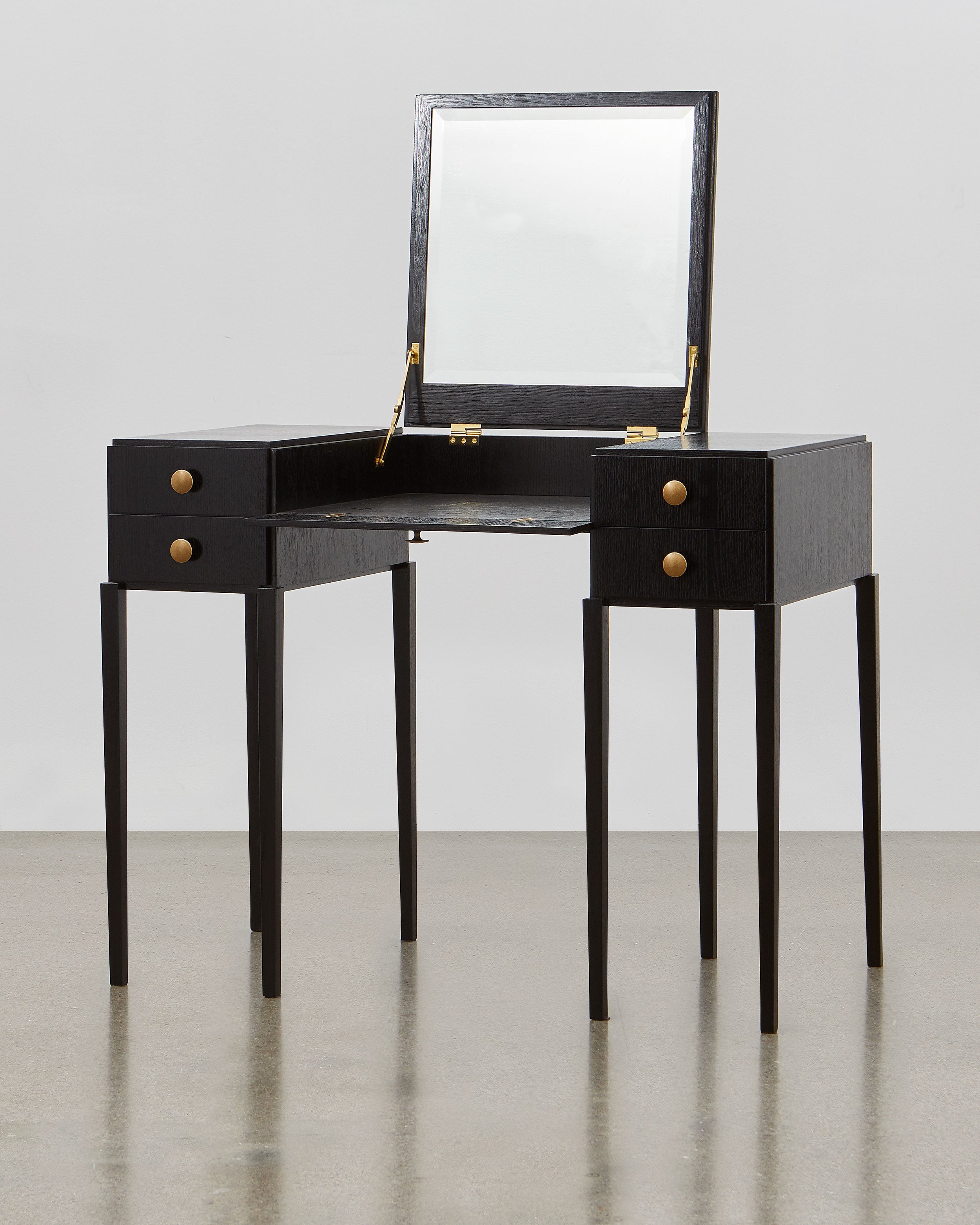 PH Dressing Table by Poul Henningsen, Danish design classic (1919) black oak wood and brass handle with folding mirror