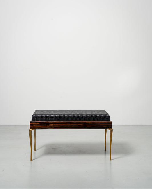 Copenhagen Bench by Tom Nybroe, Scandinavian design black leather seat on wood base with brass legs 

