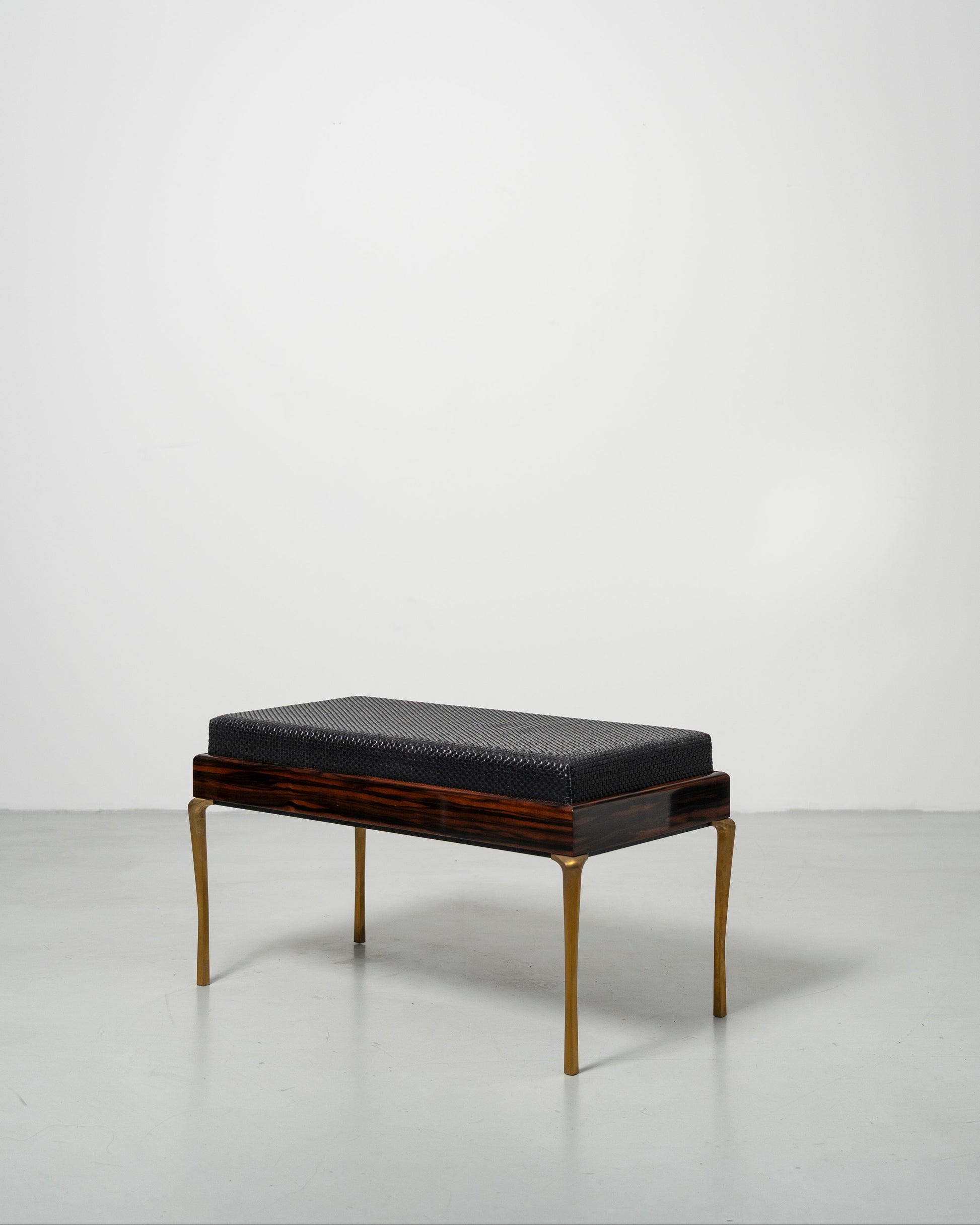 Copenhagen Bench by Tom Nybroe, Scandinavian design black leather seat on wood base with brass legs 
