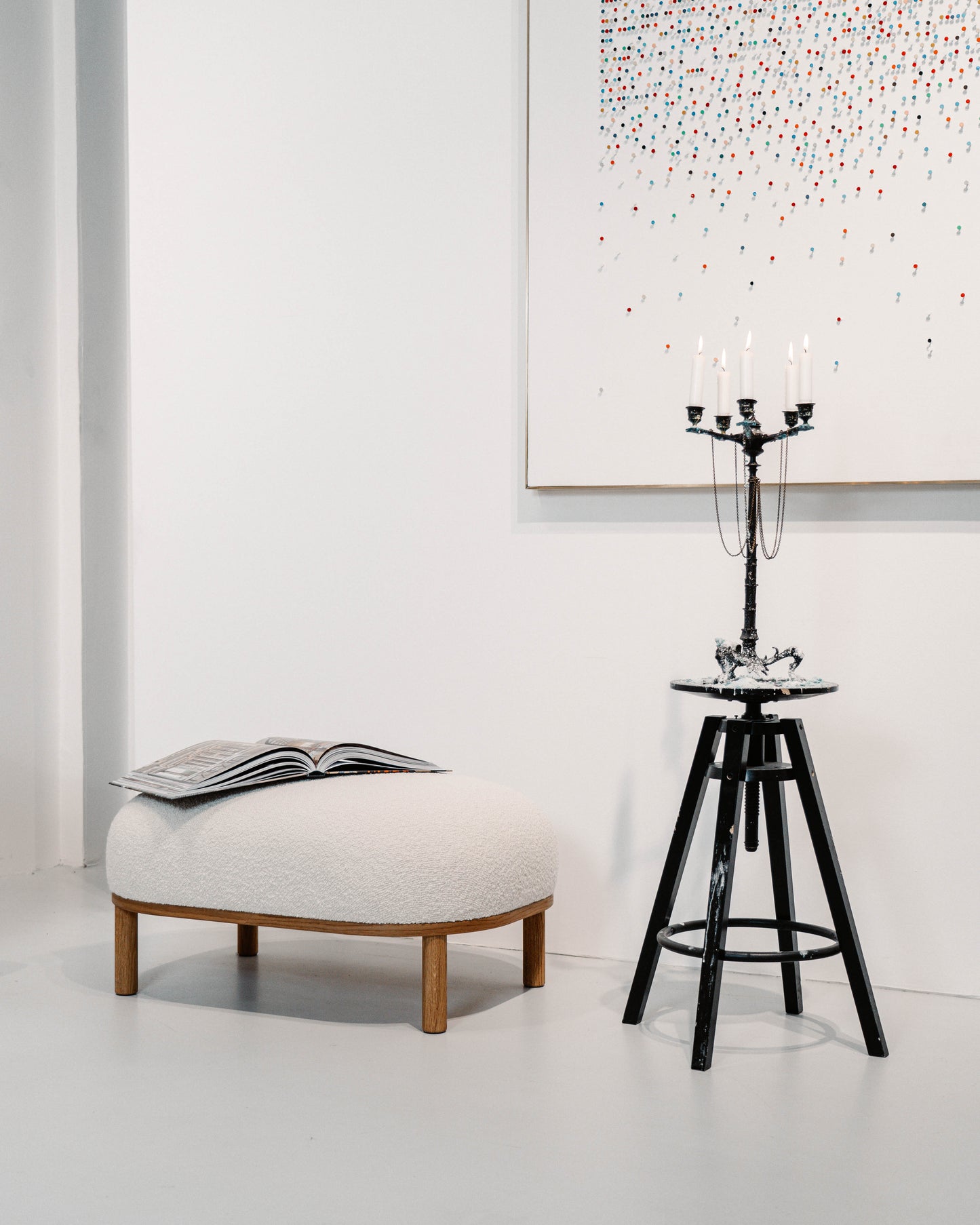 Gallant Pouf by Morten & Jonas, Scandinavian design white boucle seat with natural oak frame and legs