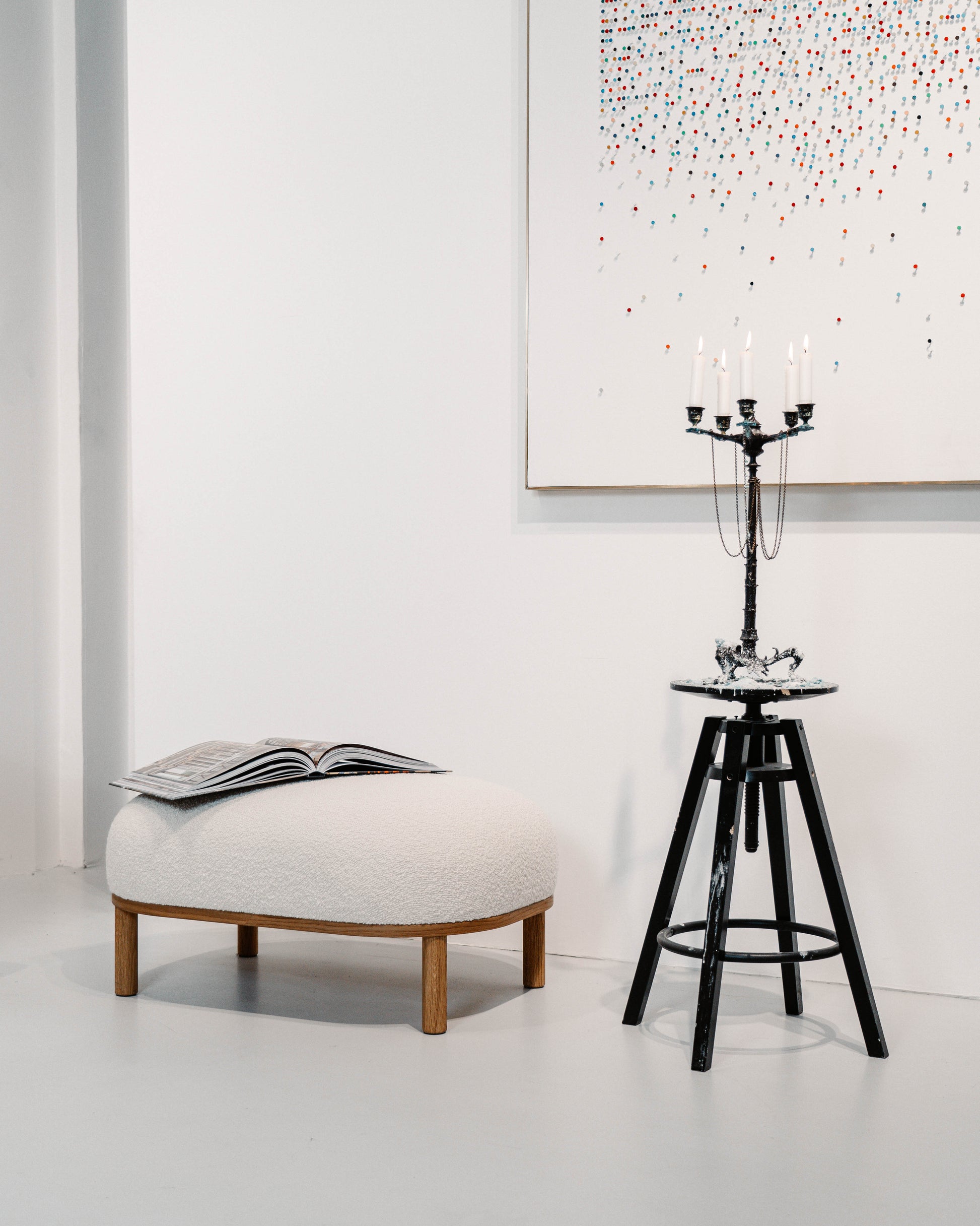 Gallant Pouf by Morten & Jonas, Scandinavian design white boucle seat with natural oak frame and legs