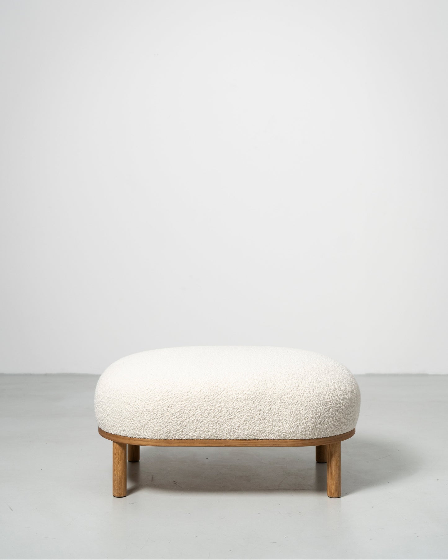 Gallant Pouf by Morten & Jonas, Scandinavian design white boucle seat with natural oak frame and legs