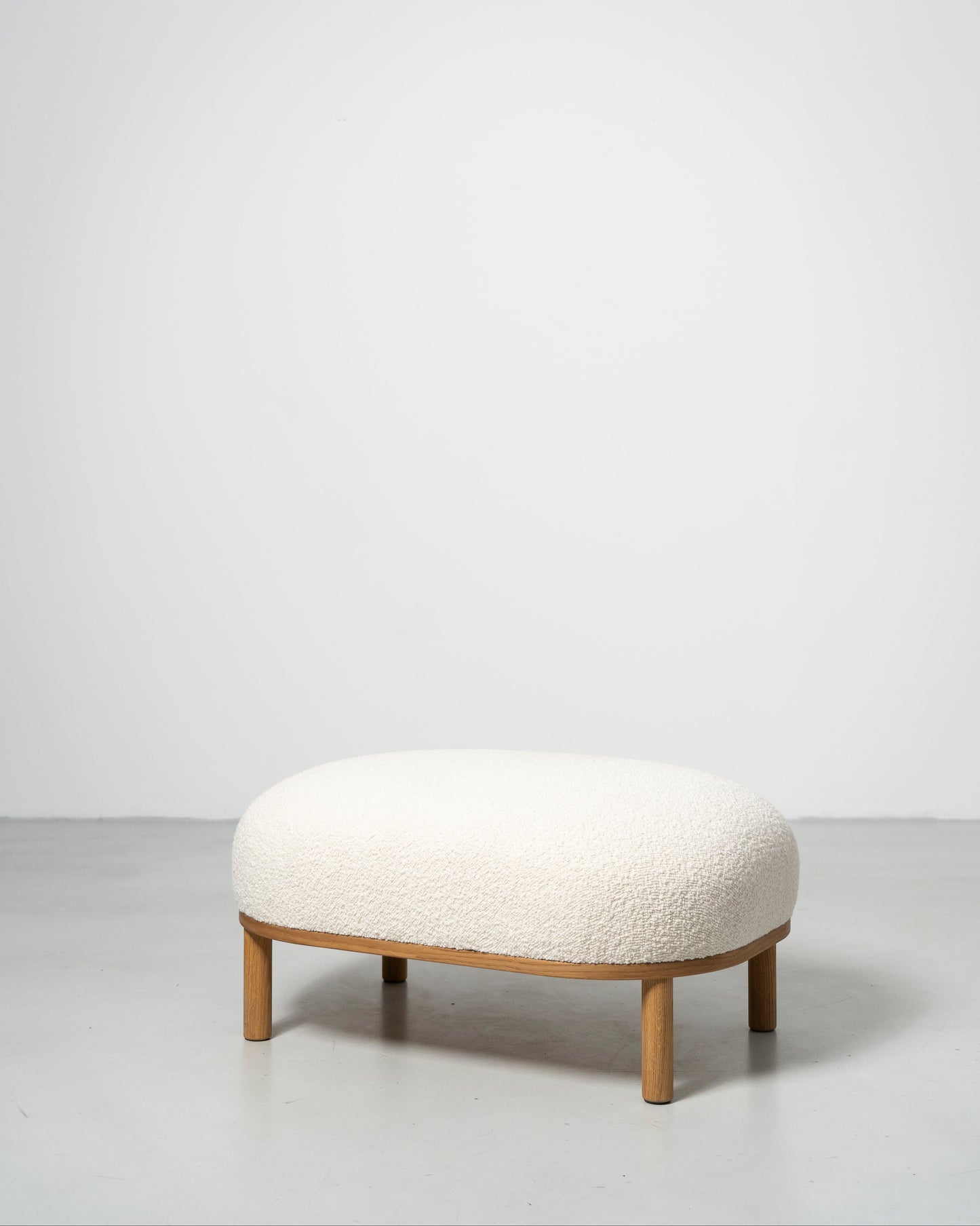 Gallant Pouf by Morten & Jonas, Scandinavian design white boucle seat with natural oak frame and legs