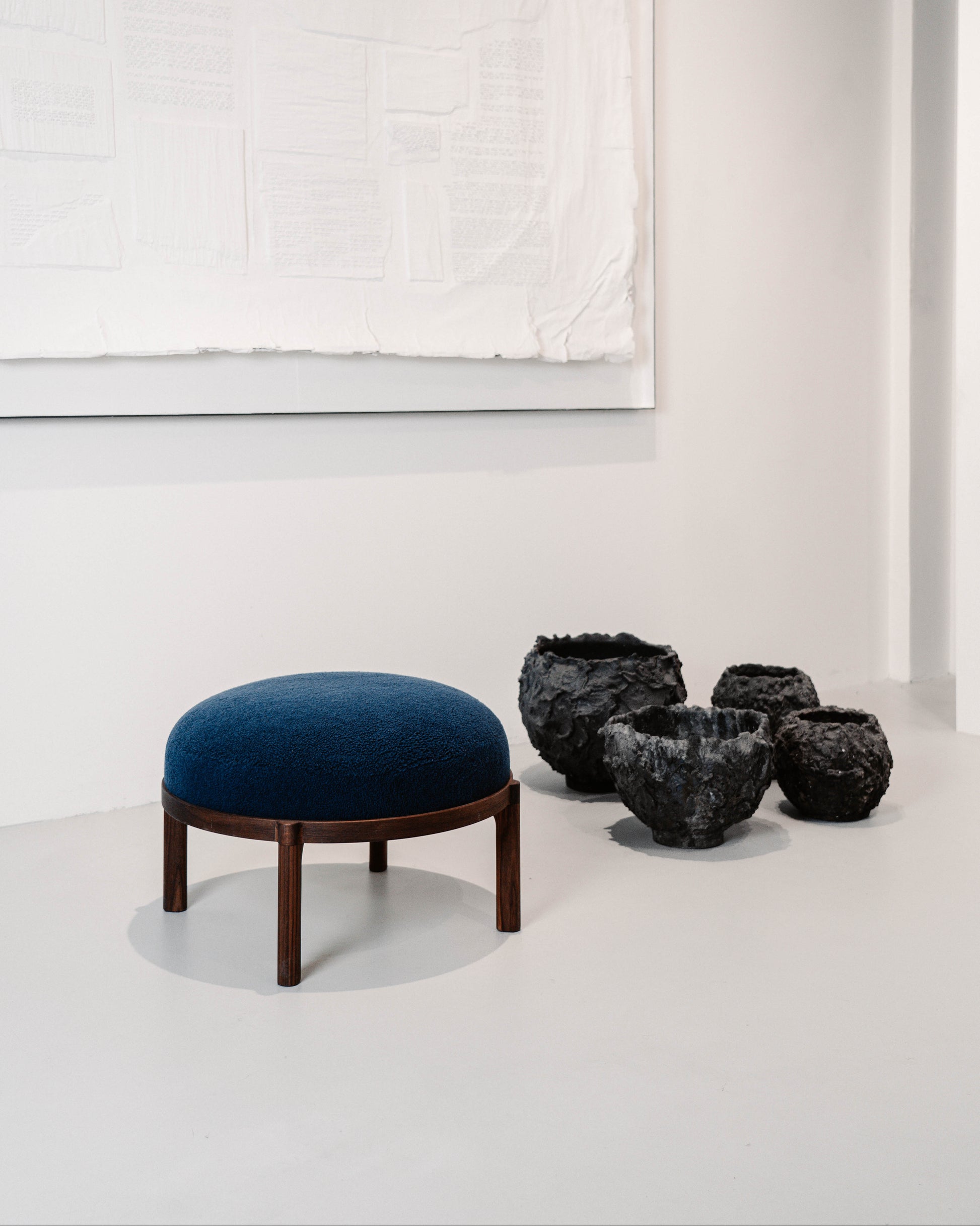 Gallant Stool by Morten & Jonas, Scandinavian design blue fabric stool with dark oak frame and legs 