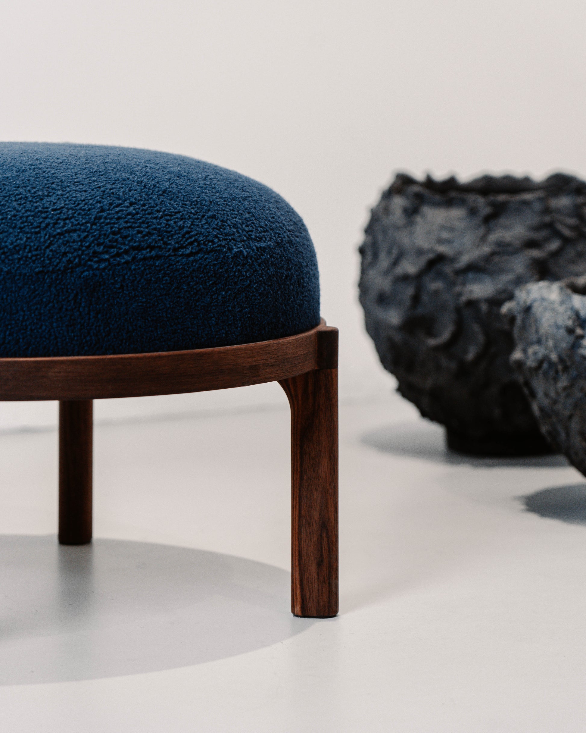 Gallant Stool by Morten & Jonas, Scandinavian design blue fabric stool with dark oak frame and legs 