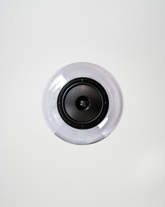 Glass Ball Spare sculptural audio design mouth-blown glass sphere with light and the speaker driver built in 

