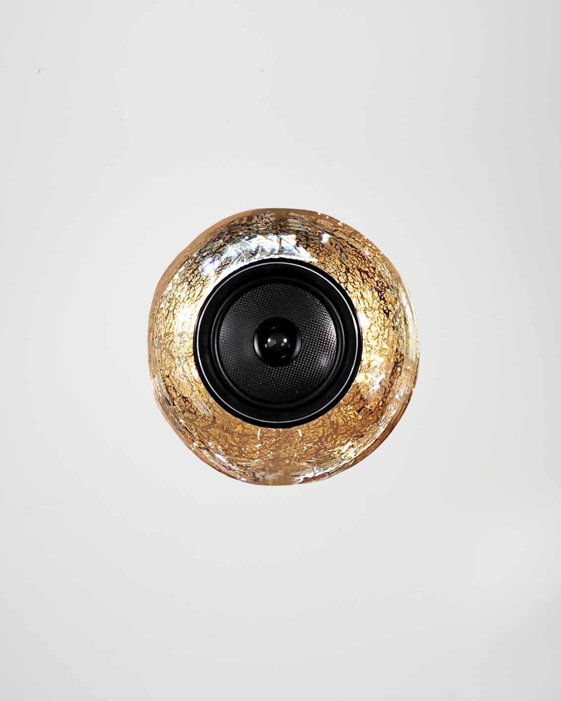 Glass Ball Spare sculptural audio design mouth-blown glass sphere with light and the speaker driver built in 
