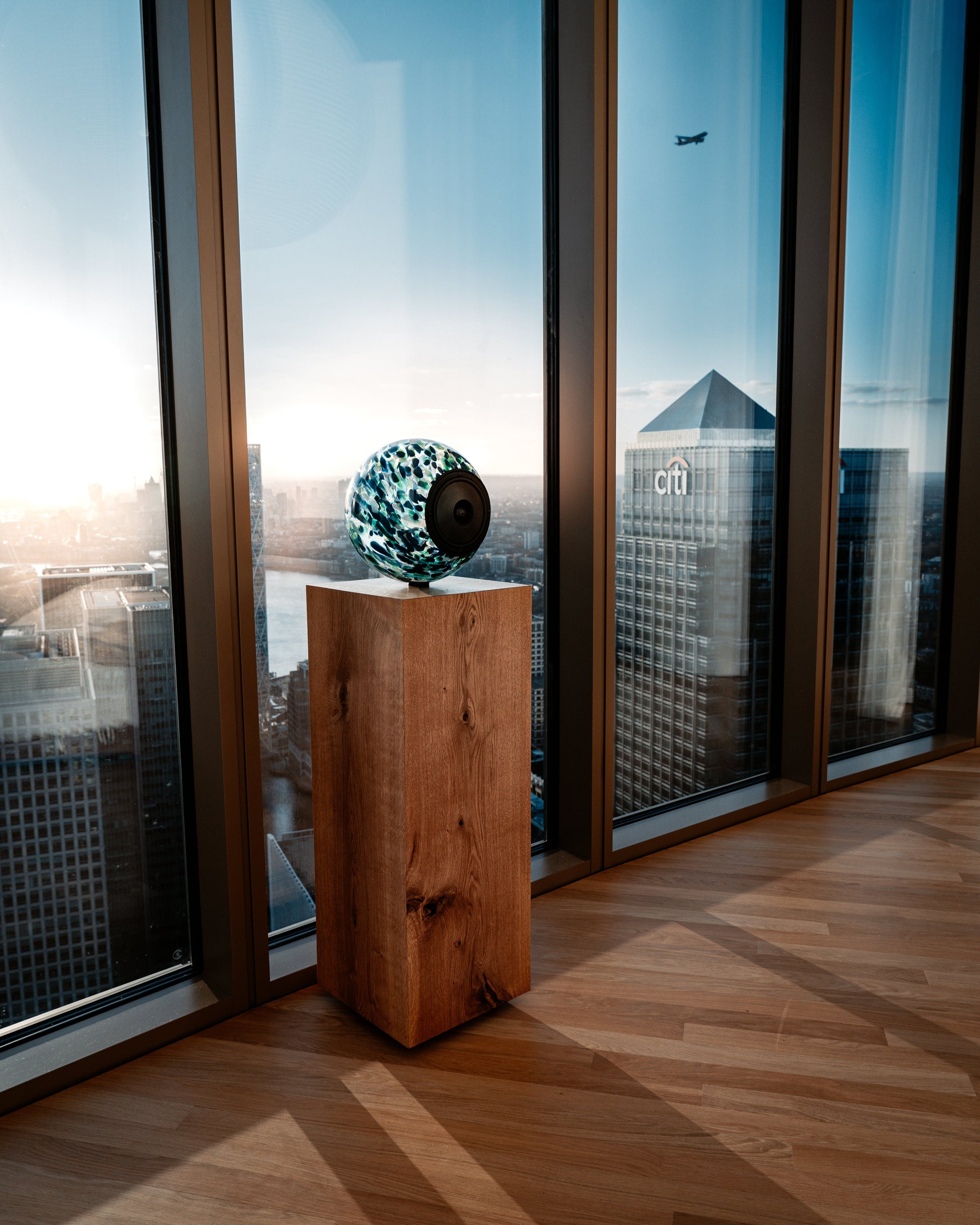 Glass Ball Speaker, sculptural audio design mouth-blown glass sphere with the speaker driver built in 