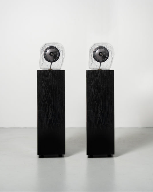 Glass Ball Speaker, sculptural audio design mouth-blown glass sphere with the speaker driver built in 
