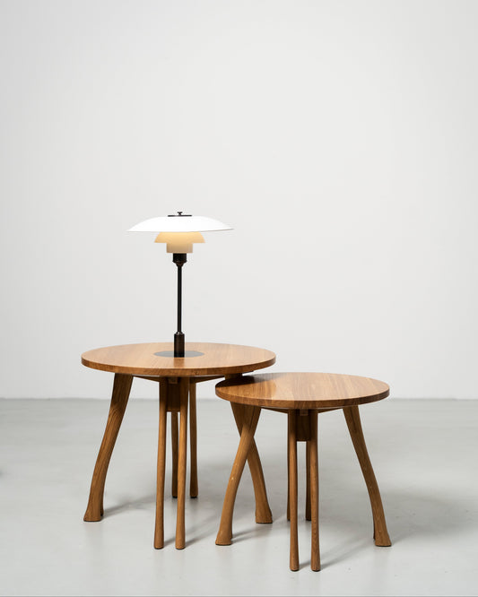 PH Axe Table Lounge by Poul Henningsen, Danish design classic (1954) Two wooden side tables with a PH lamp in white
