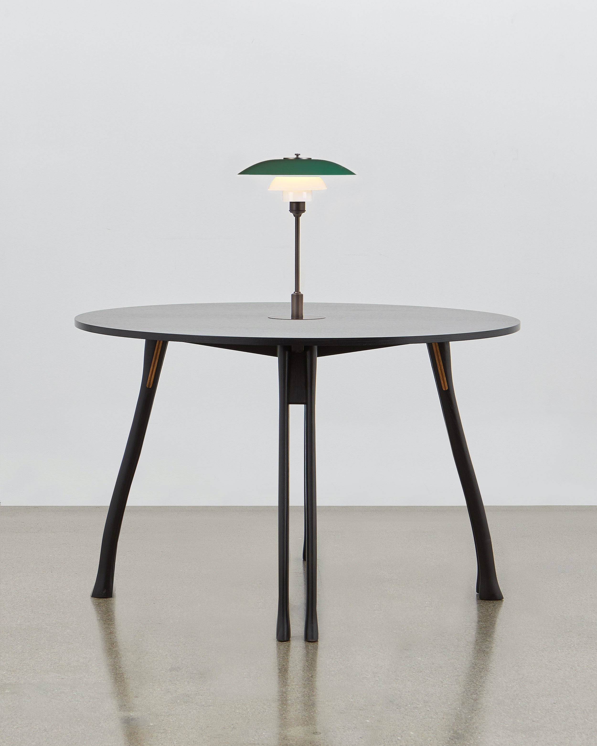 PH Axe Table by Poul Henningsen, Danish design classic (1954) Black painted oak wood with PH Lamp in green