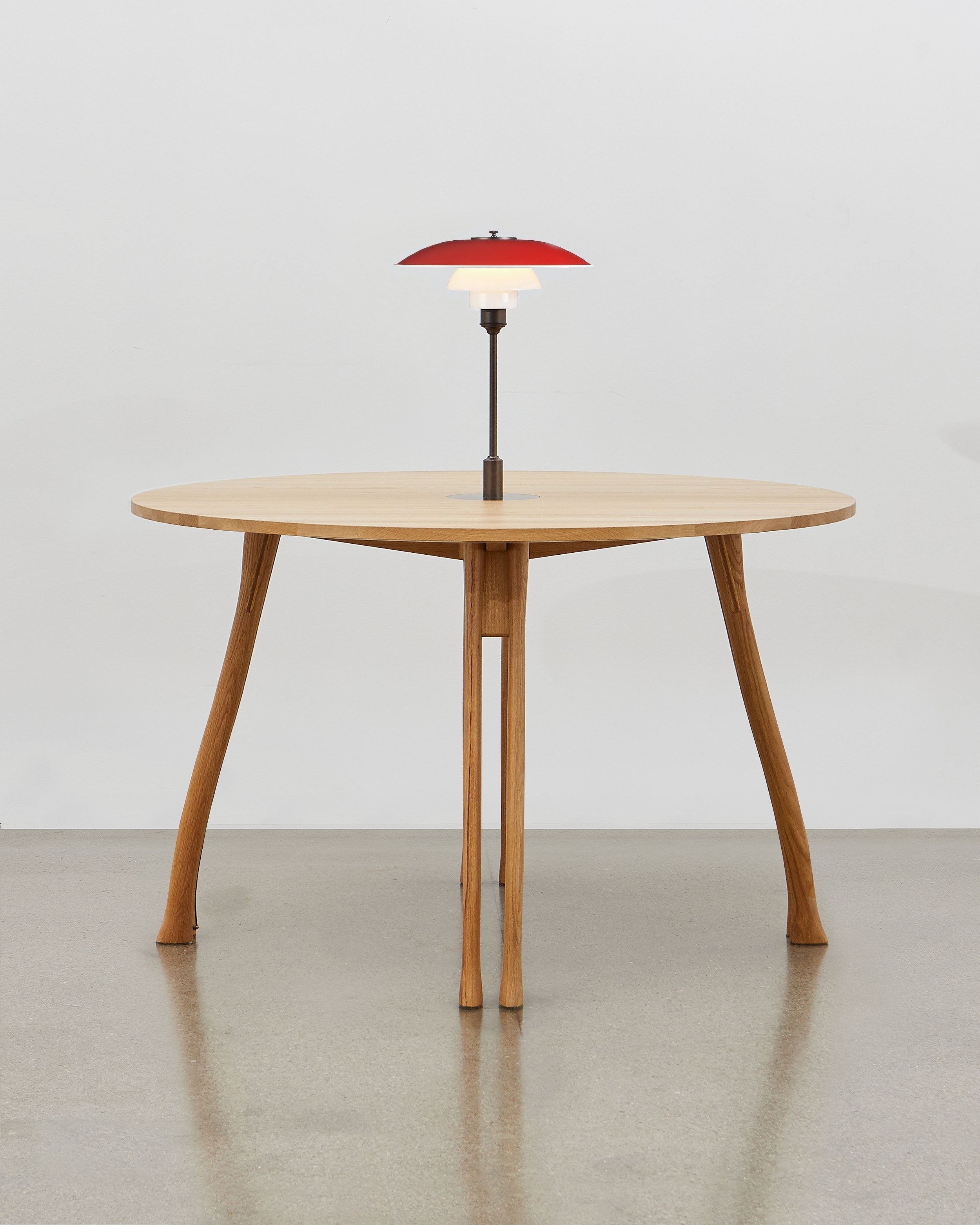 PH Axe Table by Poul Henningsen, Danish design classic (1954) Natural oak wood with PH Lamp in red
