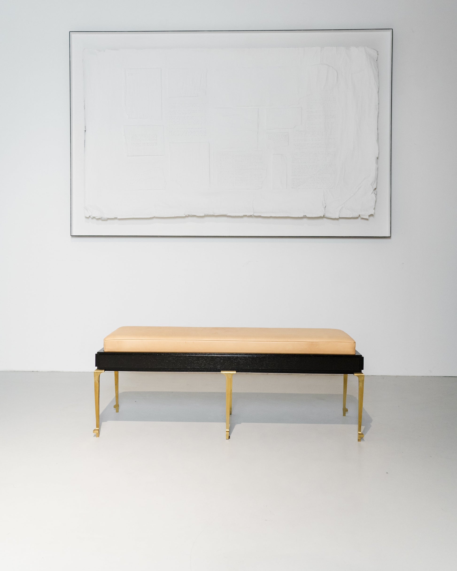 PH Bench by Poul Henningsen, Danish design classic (1930s) Bench with beige leather seat and black frame with brass legs