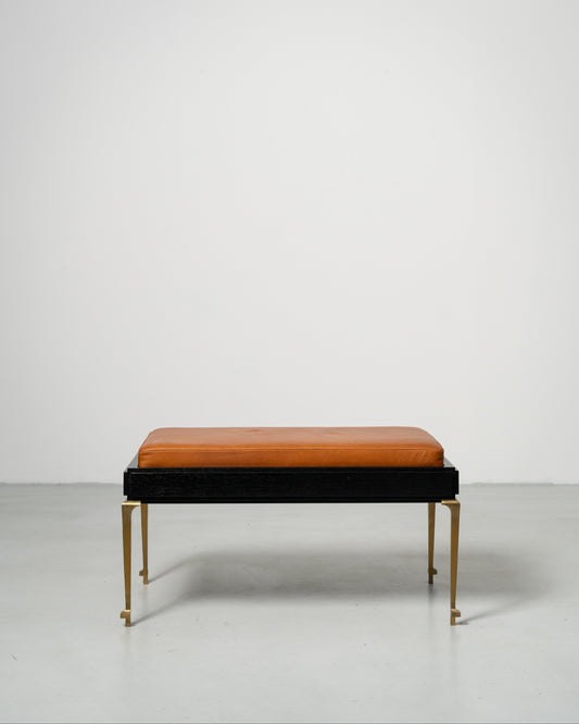 PH Bench by Poul Henningsen, Danish design classic (1930s) Bench with brown leather seat and black frame with brass legs