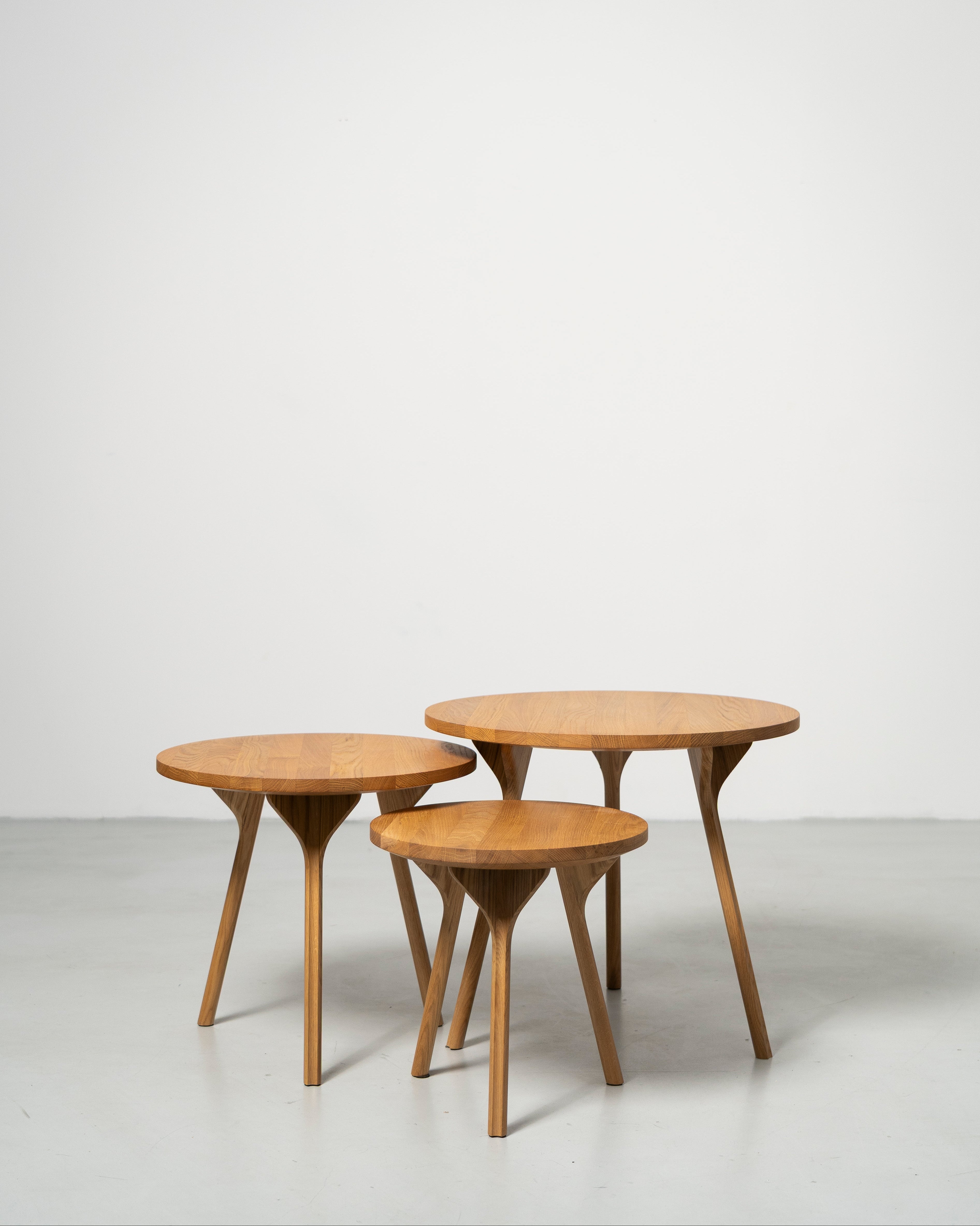 PH Circle Table Lounge by Poul Henningsen, Danish design classic (1937)
Set of three wooden side tables on a white background