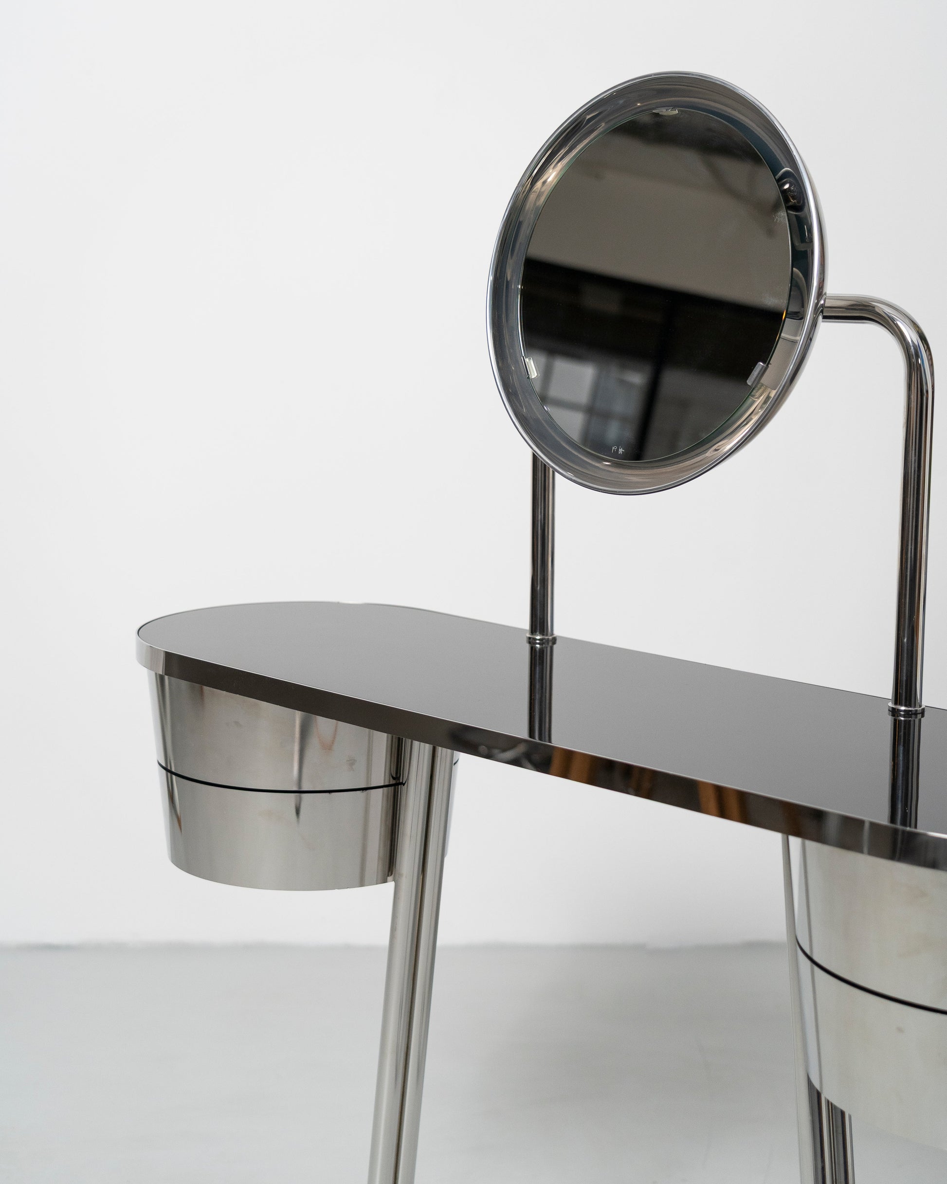 PH Dressing Table Steel by Poul Henningsen, Danish design classic (1919)
steel tube dressing table with two cylindrical containers with drawers and PH  Mirror lamp