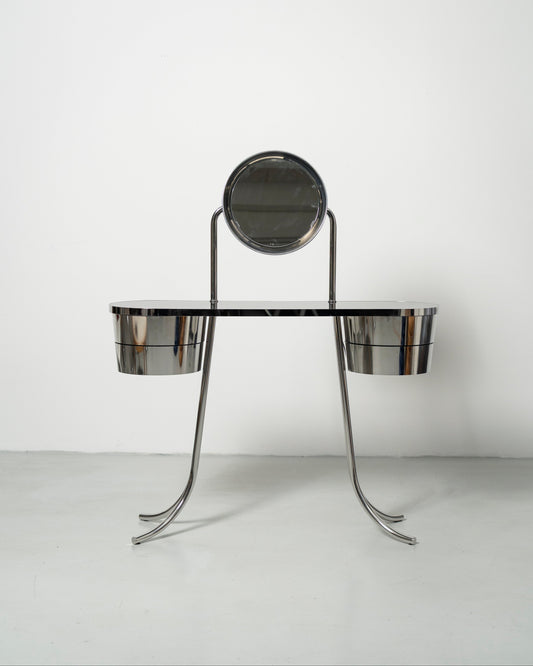 PH Dressing Table Steel by Poul Henningsen, Danish design classic (1919)
steel tube dressing table with two cylindrical containers with drawers and PH  Mirror lamp