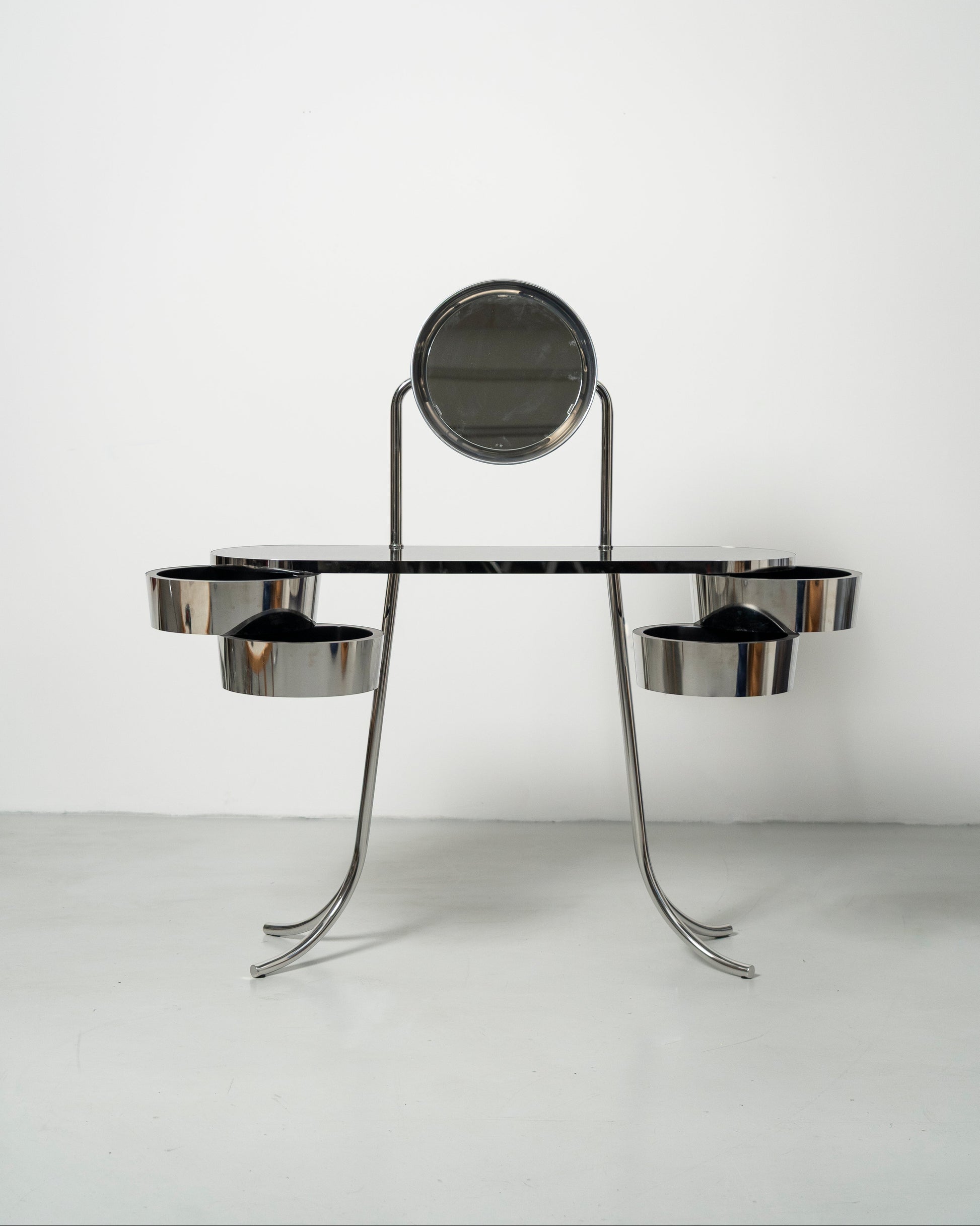 PH Dressing Table Steel by Poul Henningsen, Danish design classic (1919)
steel tube dressing table with two cylindrical containers with drawers and PH  Mirror lamp