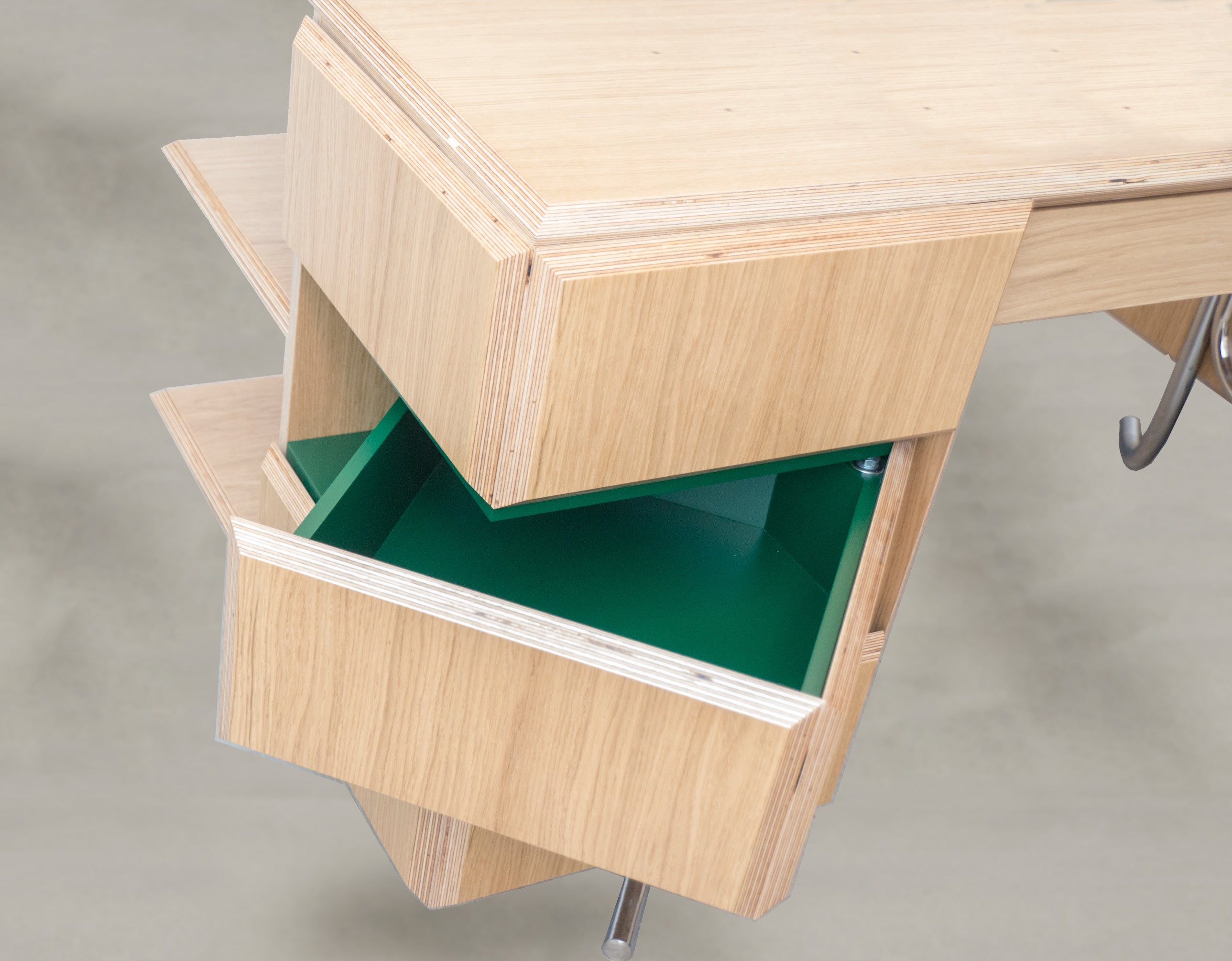 PH Office Desk by Poul Henningsen, Danish design classic (1930s)
A sleek oak office desk with  six swing drawers, and chromed legs, designed by Poul Henningsen.