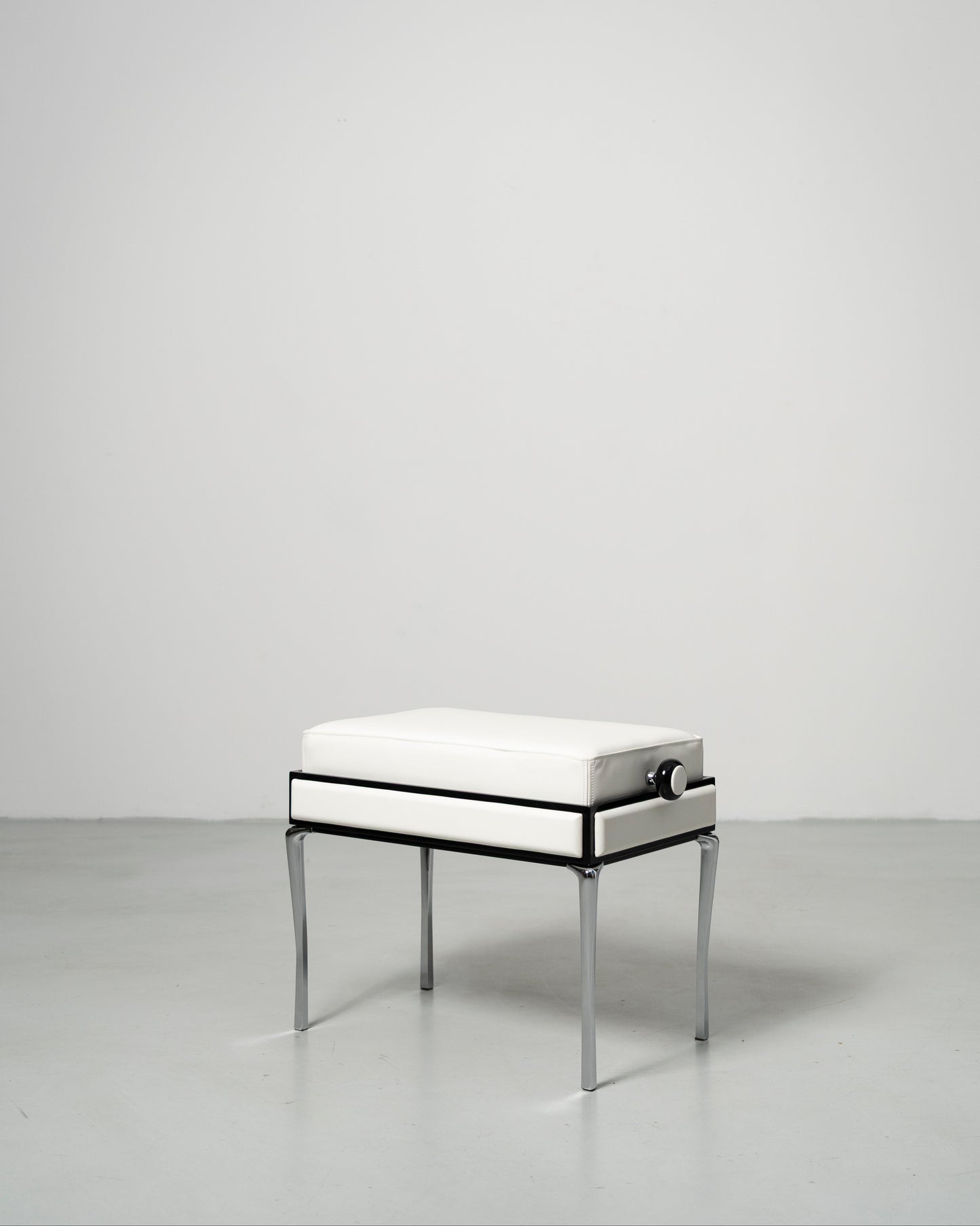 Piano Bench scandinavian design white leather seat with height adjustment leather panels on the side and chrome metal legs 
