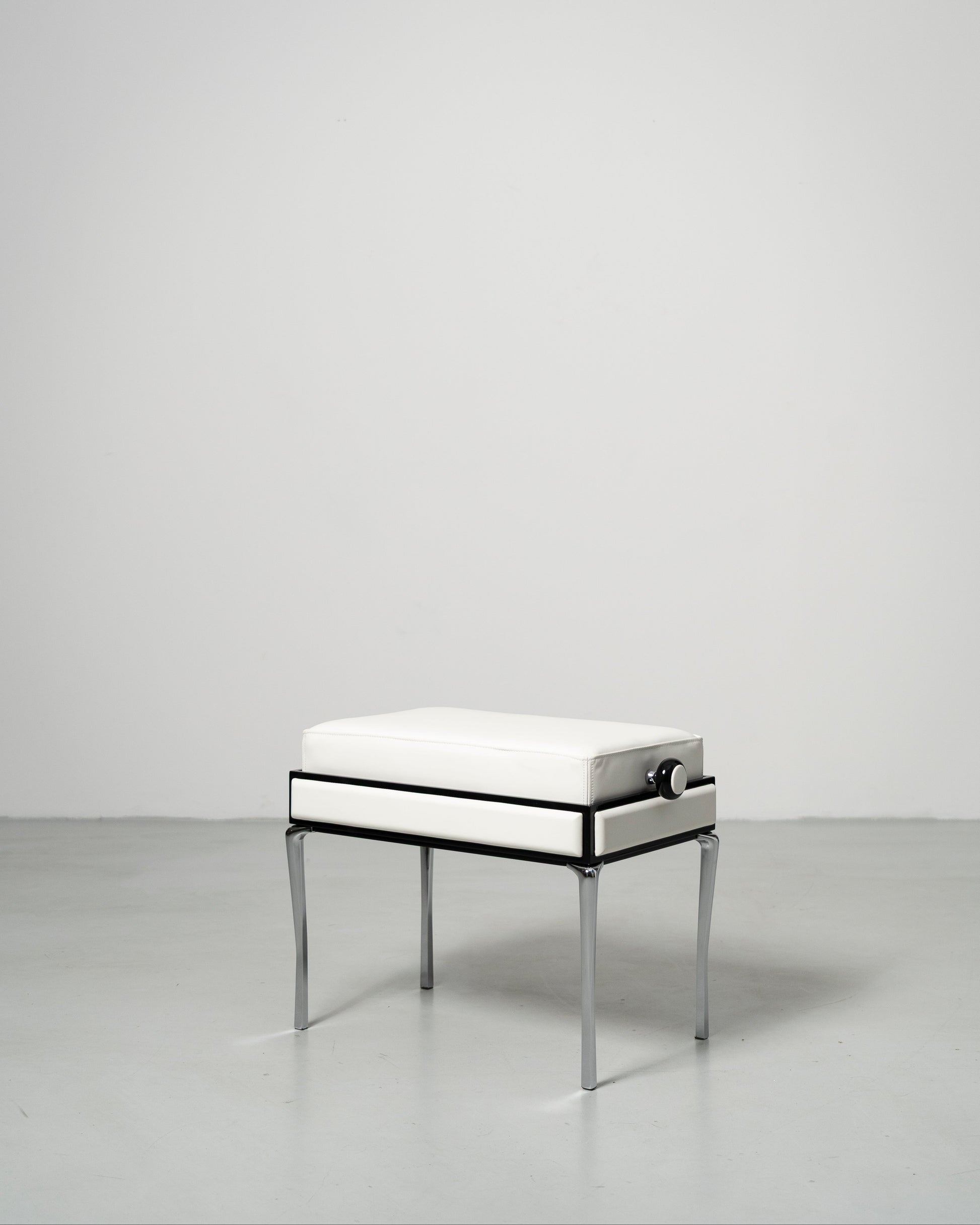 Piano Bench scandinavian design white leather seat with height adjustment leather panels on the side and chrome metal legs 
