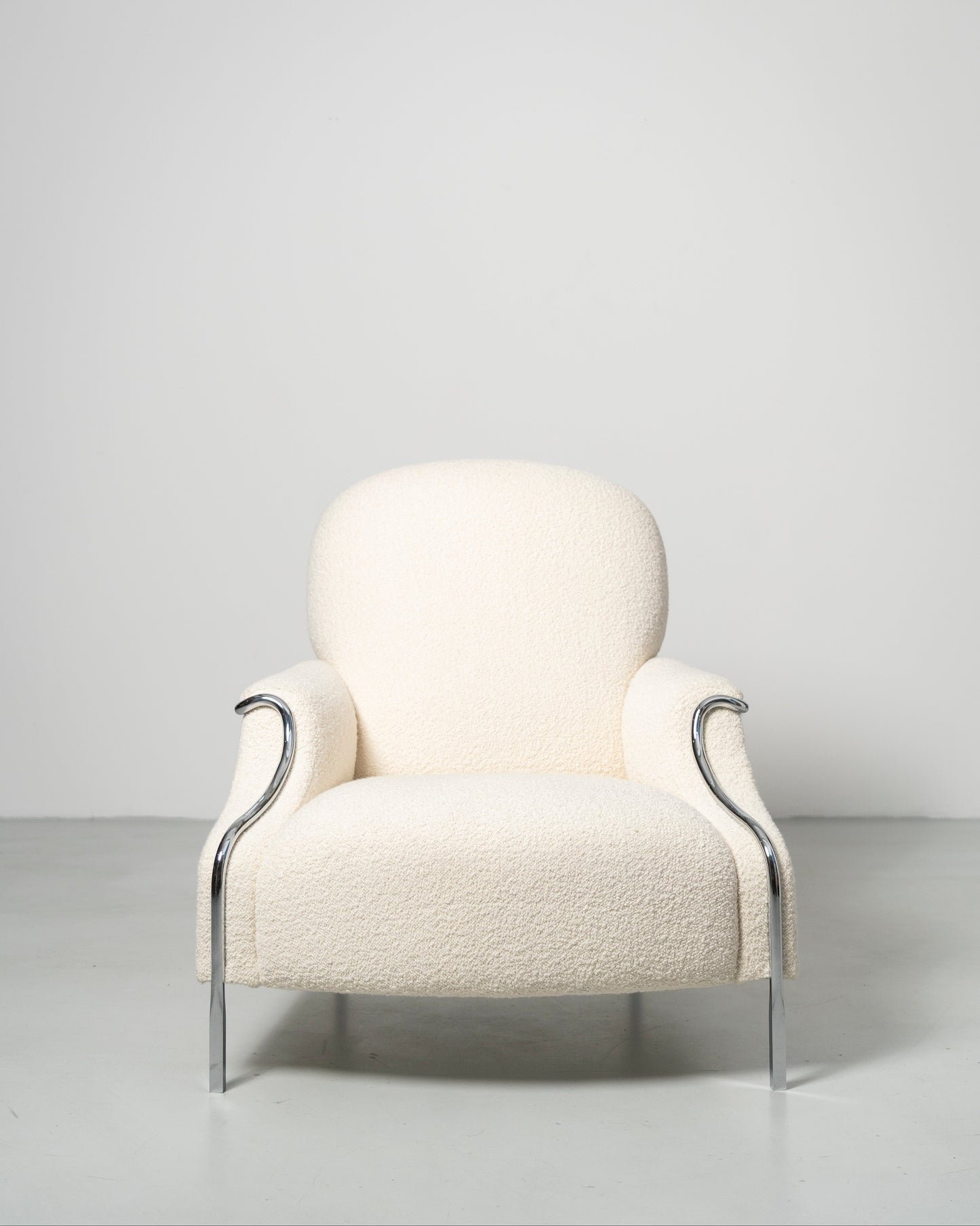 Sophisticate Lounge Chair, Scandinavian design, white boucle fabric armchair with chrome steel tube frame 