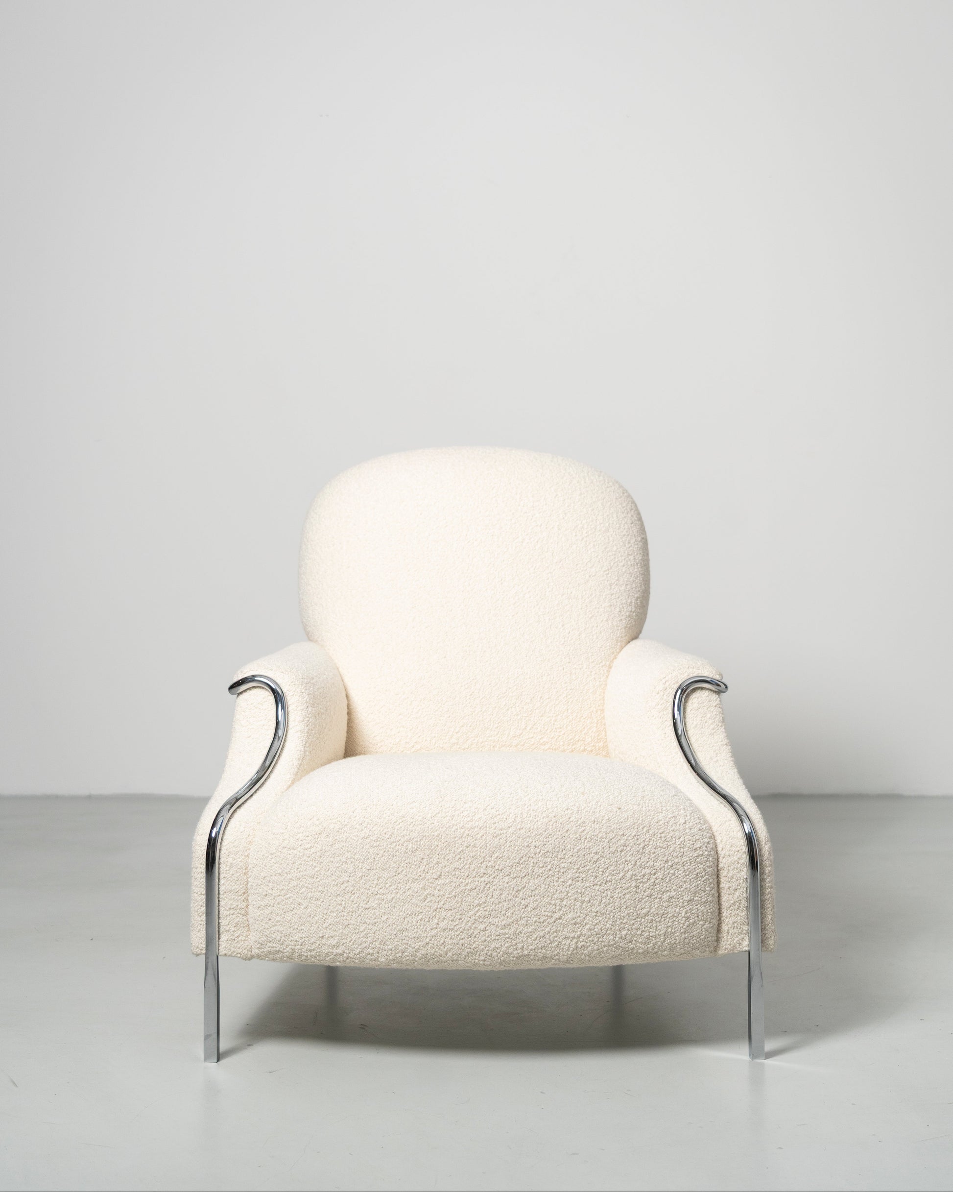 Sophisticate Lounge Chair, Scandinavian design, white boucle fabric armchair with chrome steel tube frame 