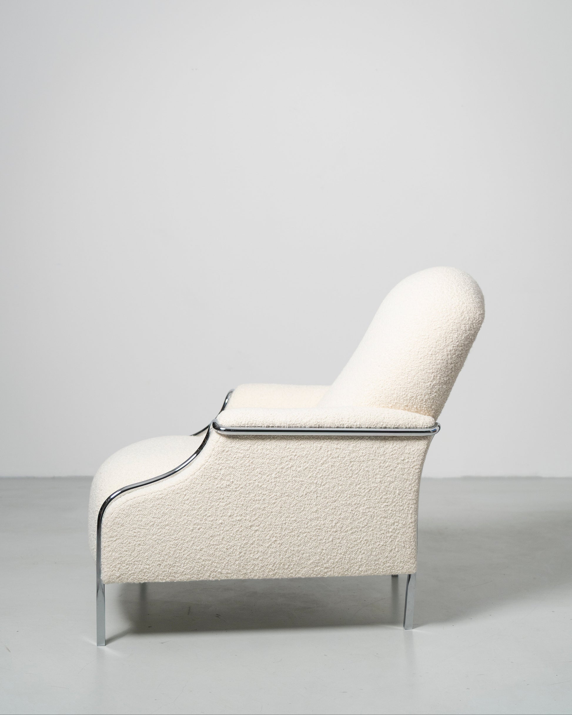 Sophisticate Lounge Chair, Scandinavian design, white boucle fabric armchair with chrome steel tube frame 