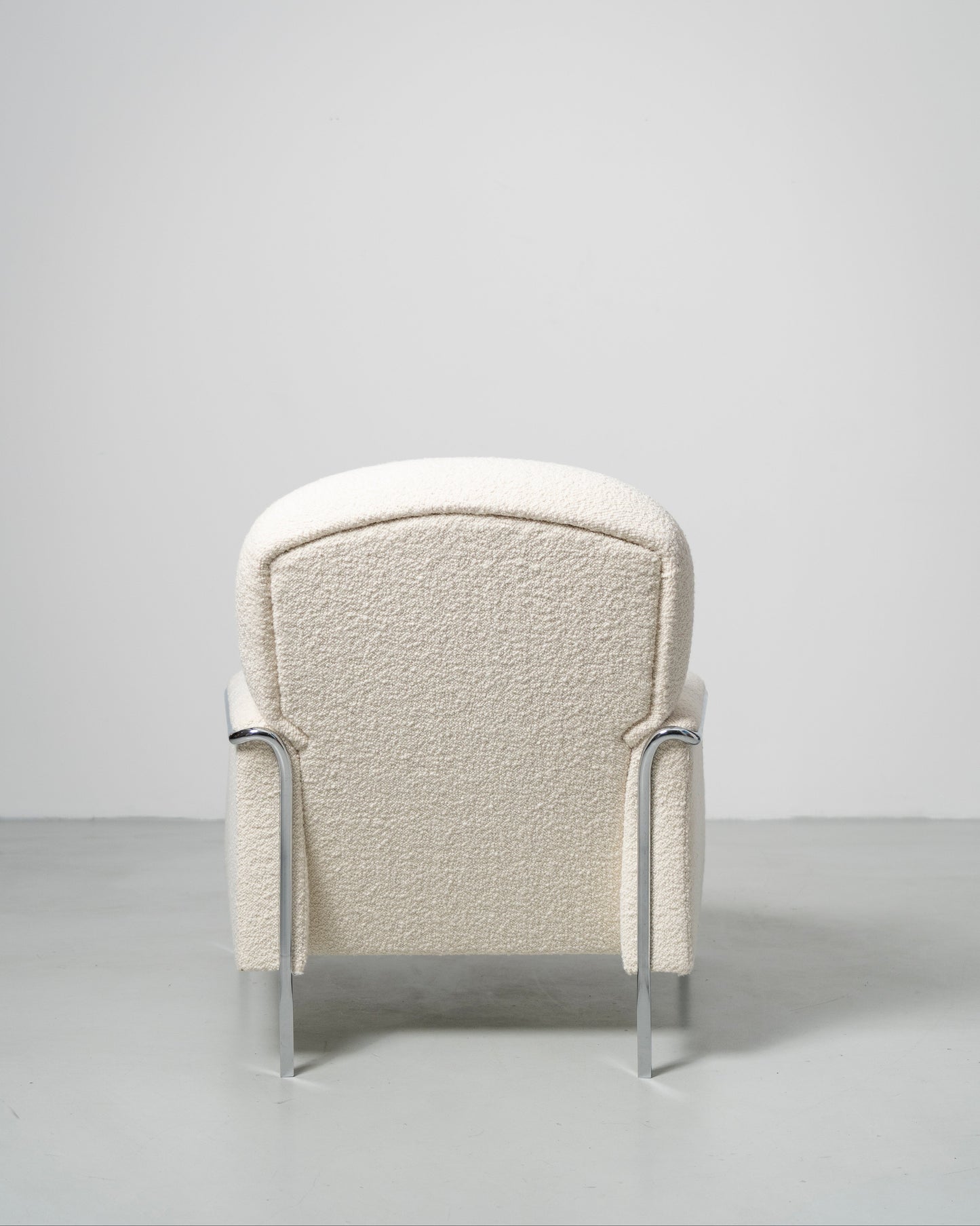 Sophisticate Lounge Chair, Scandinavian design, white boucle fabric armchair with chrome steel tube frame 