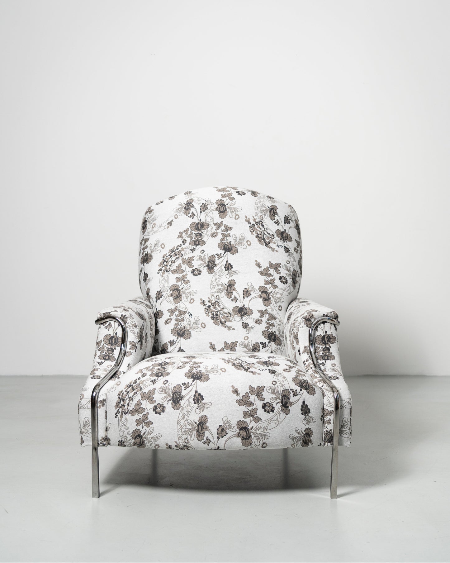 Sophisticate Lounge Chair, Scandinavian design, white Floral-patterned fabric armchair with chrome steel tube frame