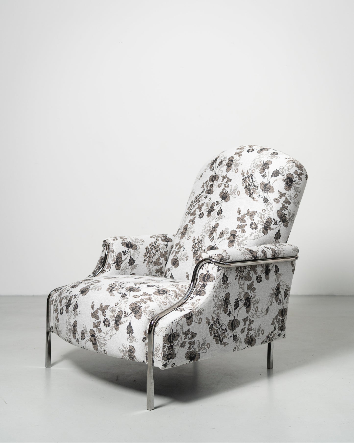 Sophisticate Lounge Chair, Scandinavian design, white Floral-patterned fabric armchair with chrome steel tube frame