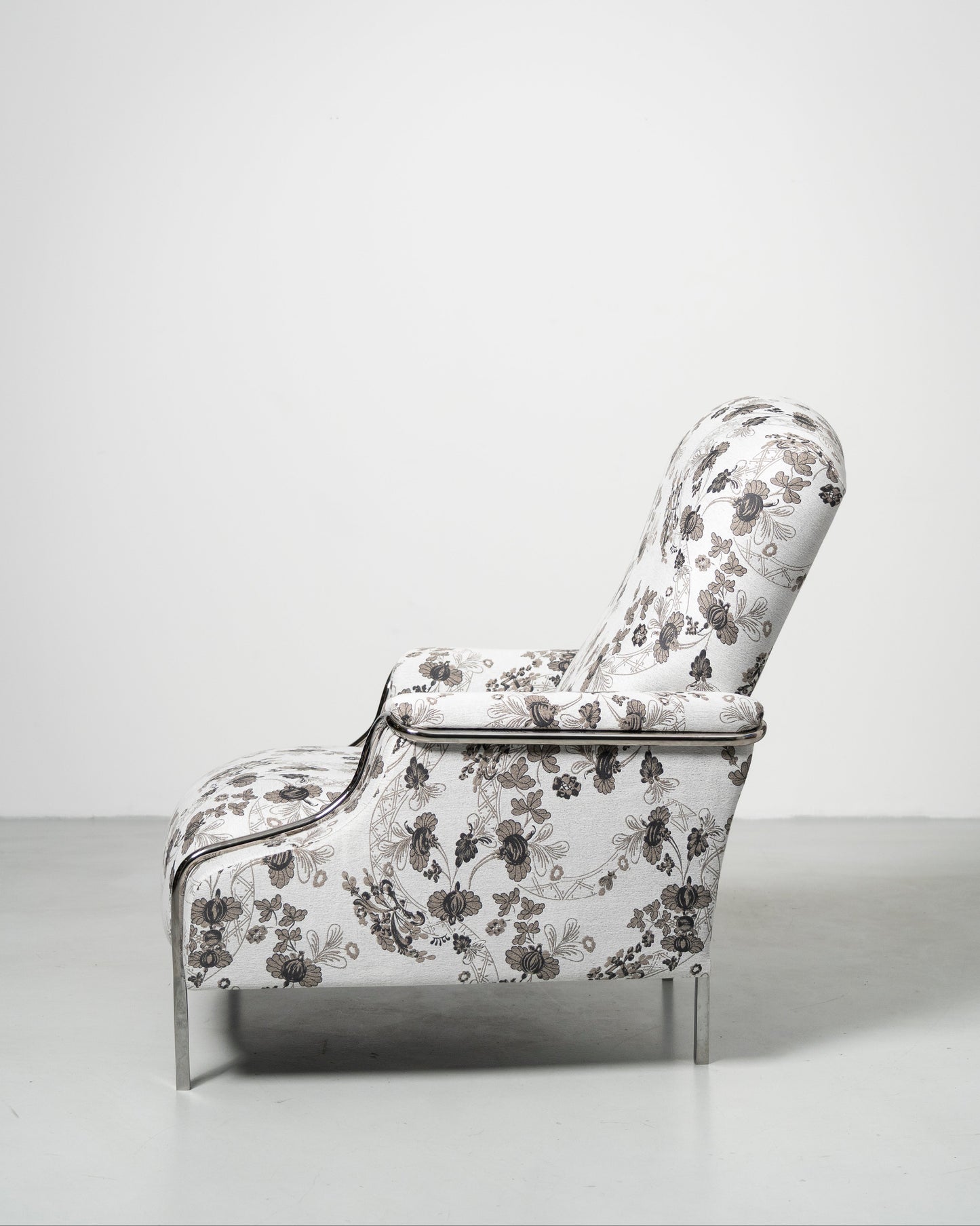Sophisticate Lounge Chair, Scandinavian design, white Floral-patterned fabric armchair with chrome steel tube frame