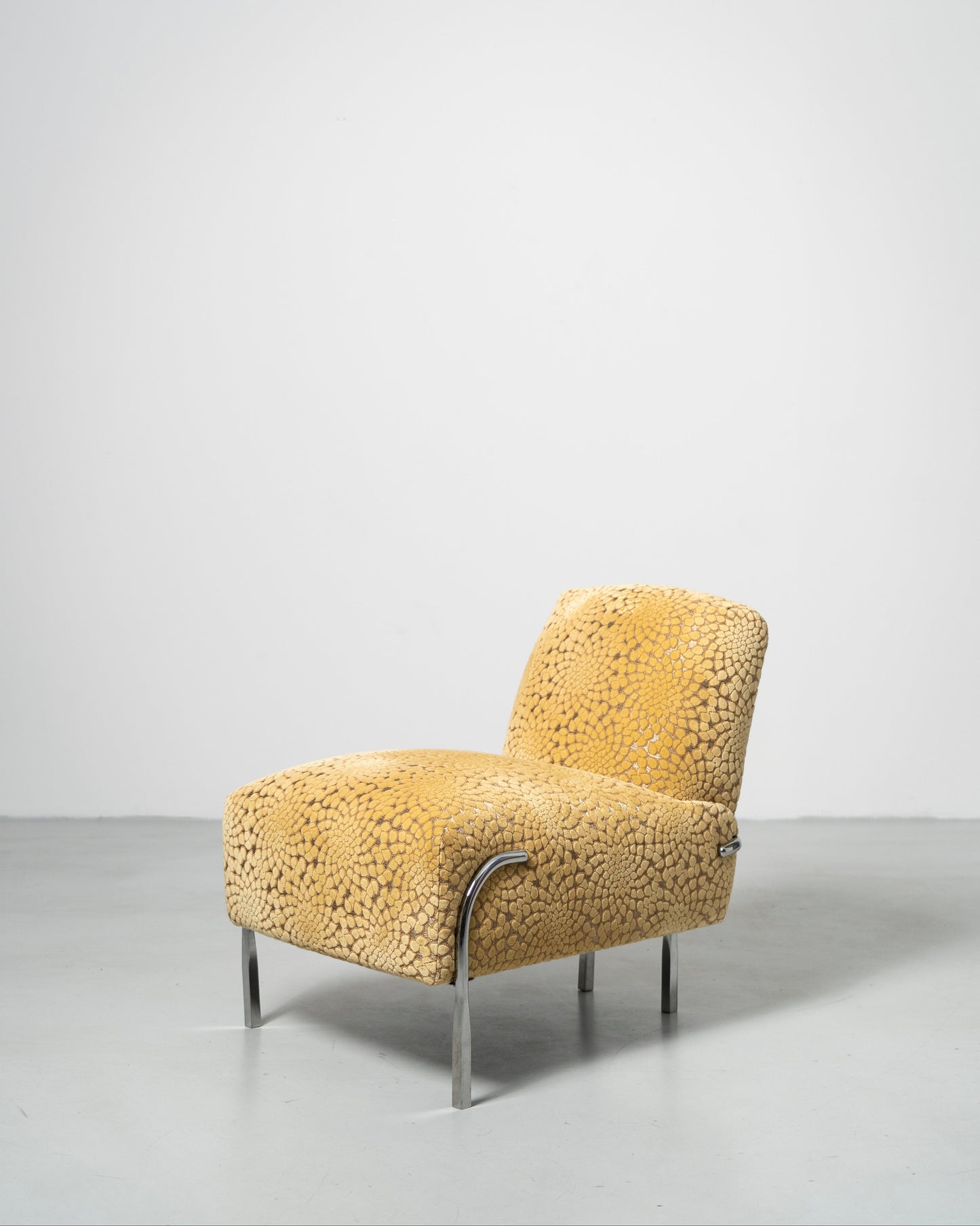 Sophisticate Slipper Chair Scandinavian design yellow textured fabric lounge chair with chrome steel tube legs