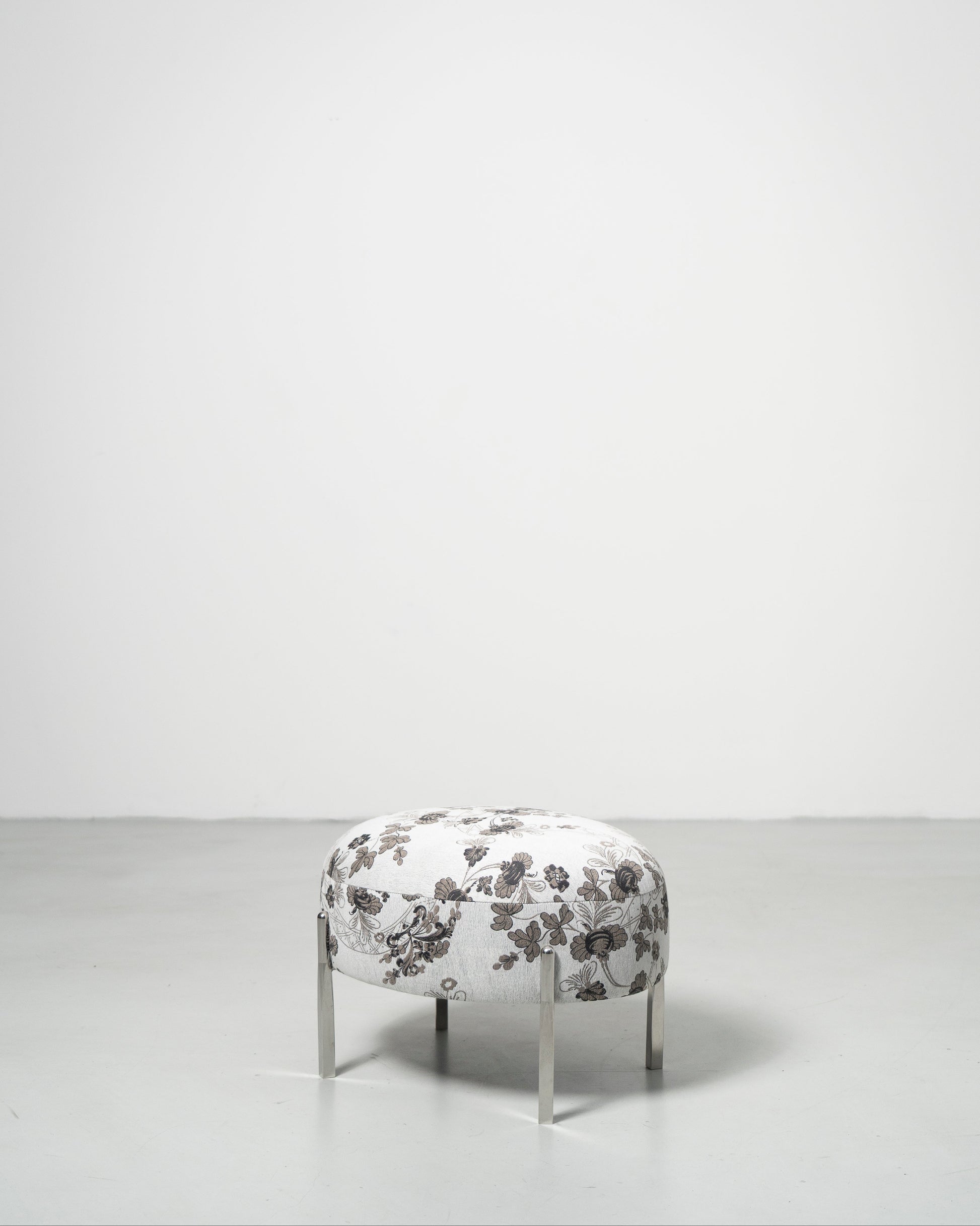 Sophisticate Stool, Scandinavian design, white Floral-patterned fabric stool  with chrome steel tube legs