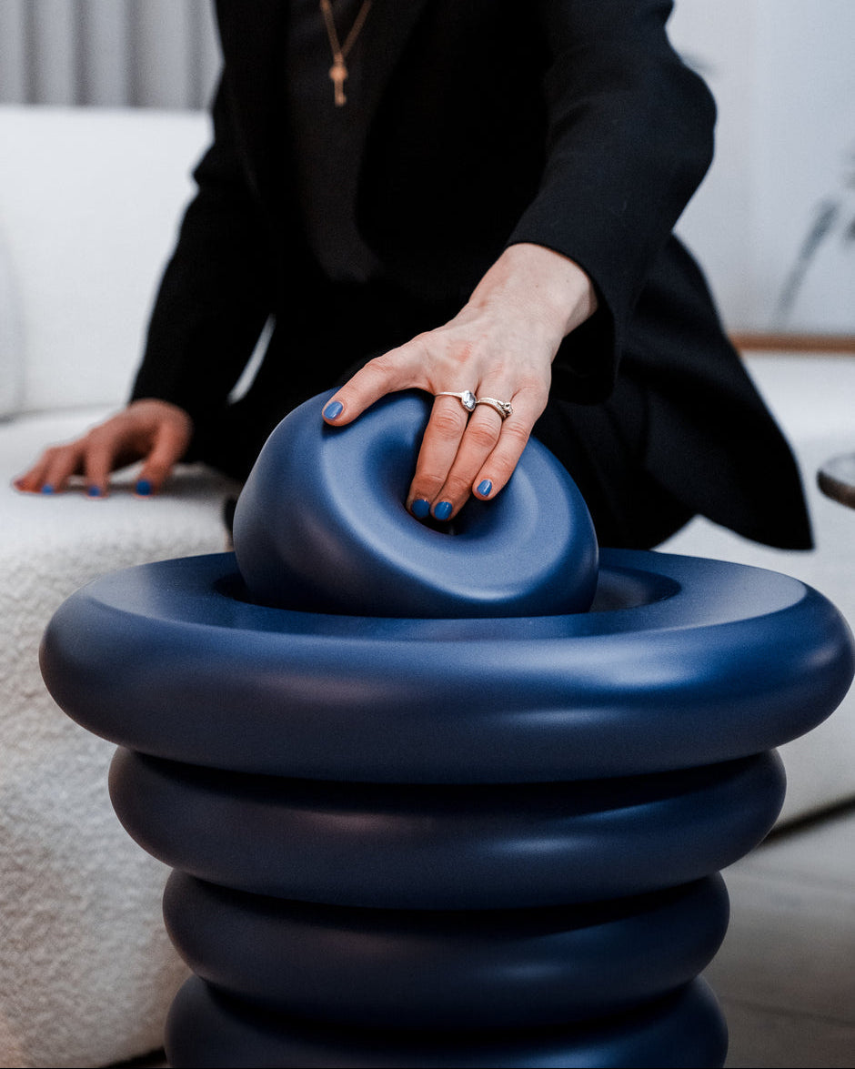 Spine Stool designed by Caisa Leifsdotter sculptural blue painted solid oak stool that also works as a compact side table