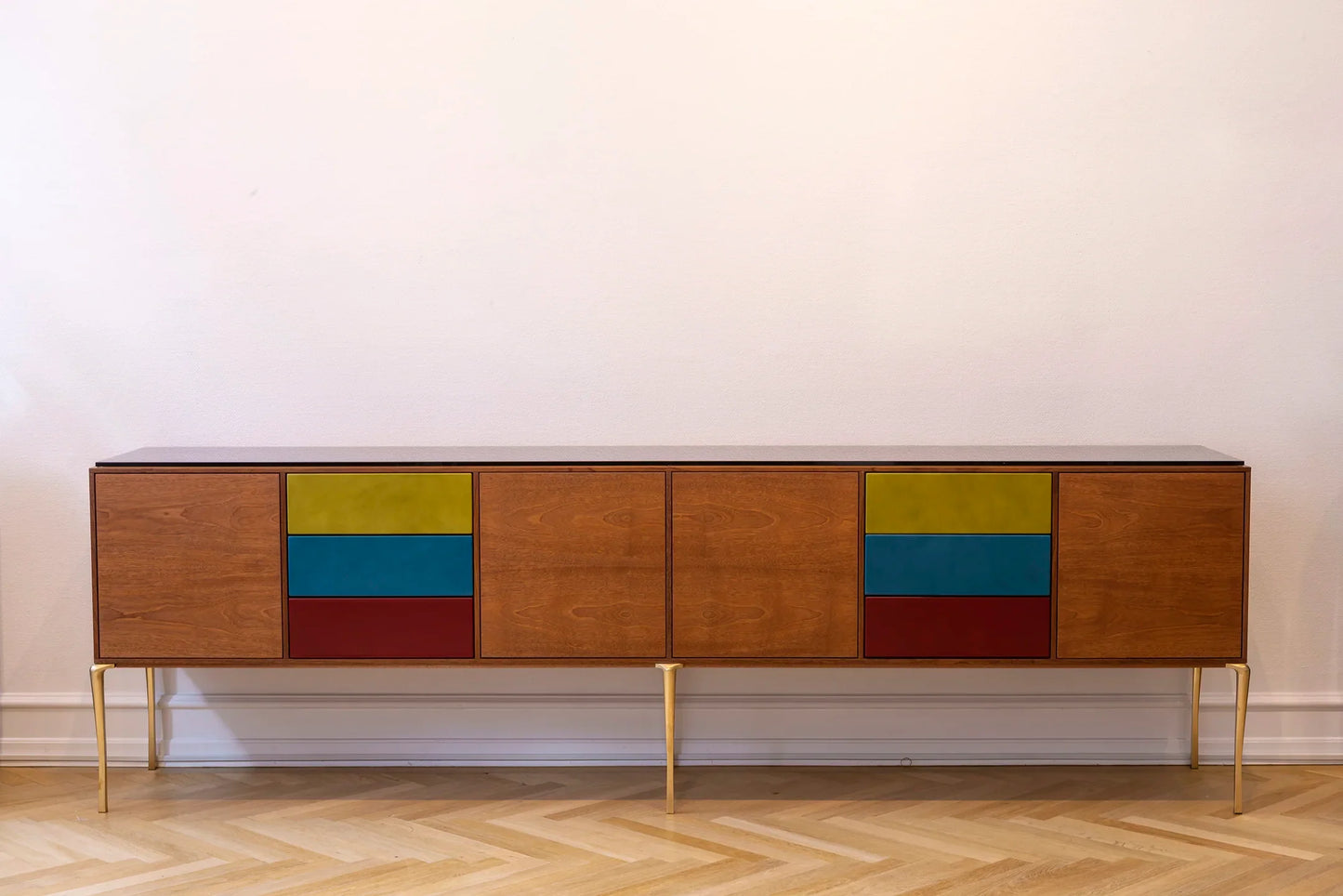 Copenhagen Console by Tom Nybroe, Scandinavian design, Console in mahogany with leather drawers, glass table top and brass legs  
