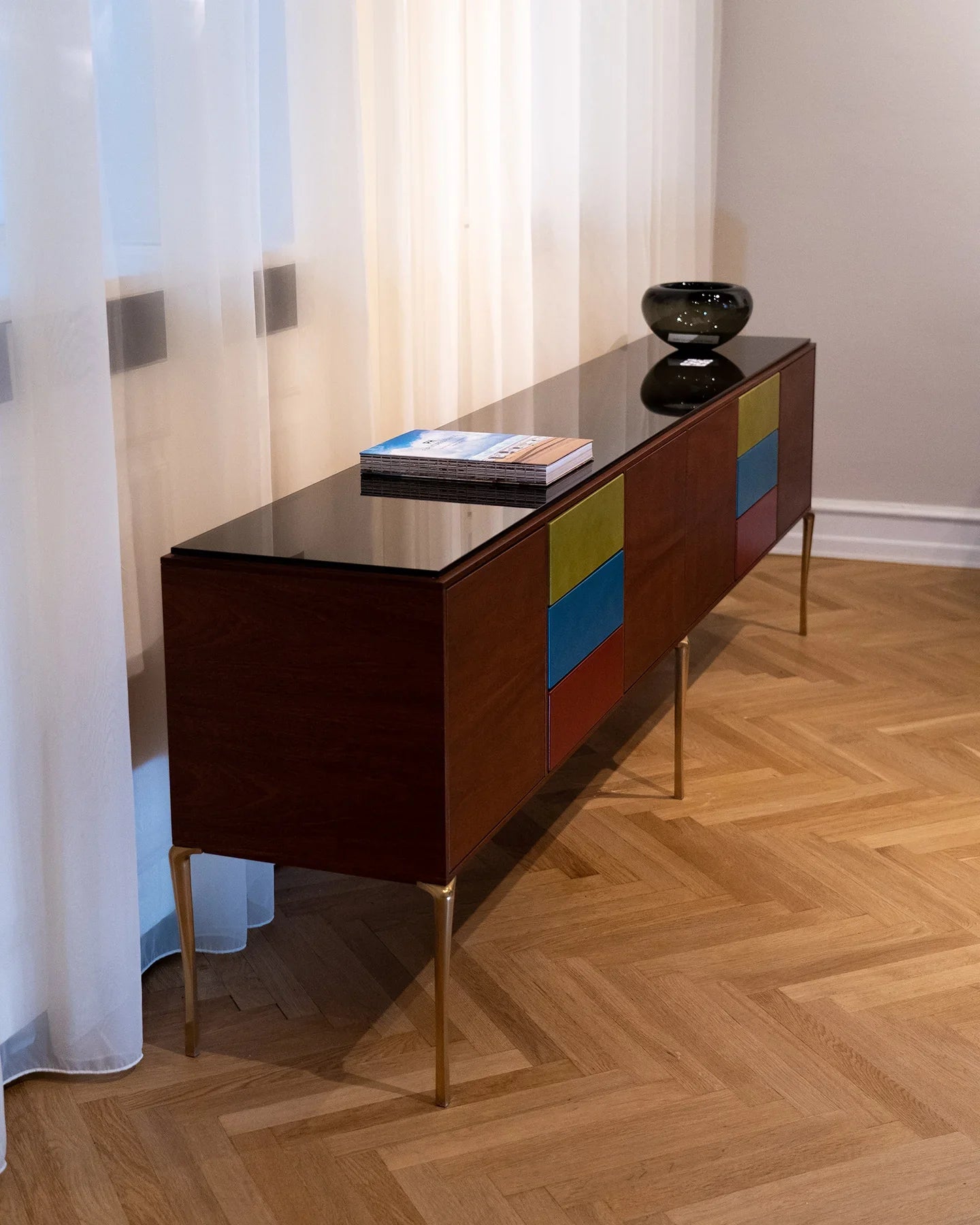 Copenhagen Console by Tom Nybroe, Scandinavian design, Console in mahogany with leather drawers, glass table top and brass legs  
