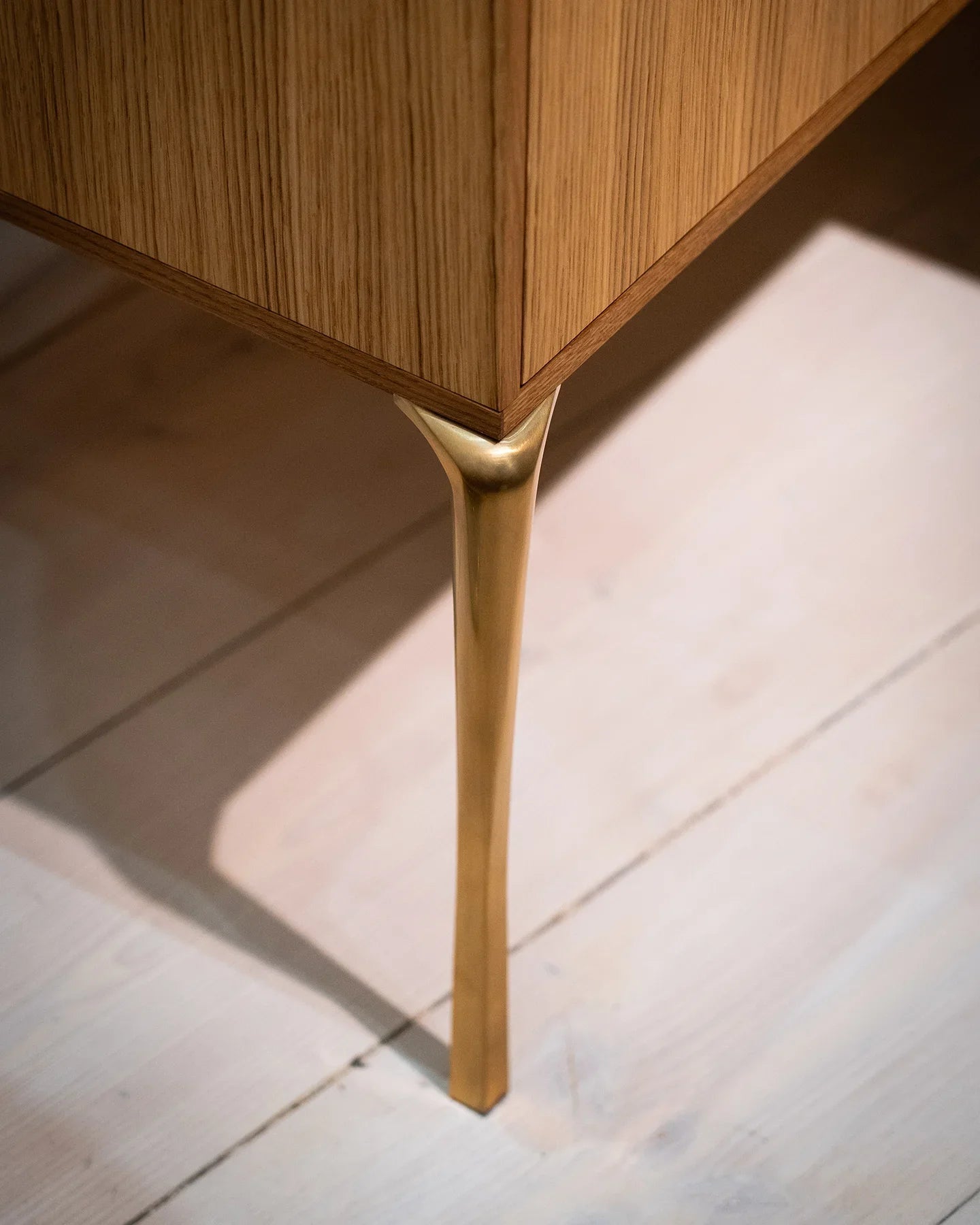 Copenhagen Console by Tom Nybroe, Scandinavian design, Console in oak with leather drawers, glass table top and brass legs  

