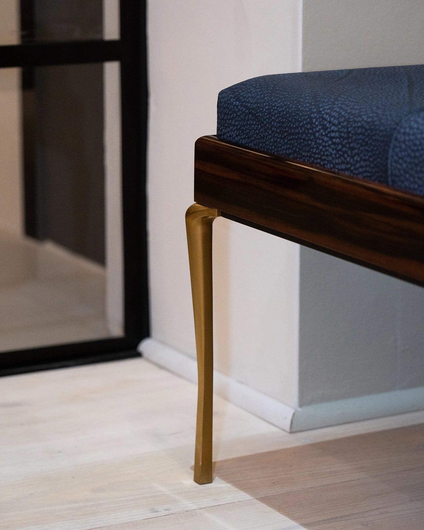 Copenhagen Daybed by Tom Nybroe, Scandinavian design Wooden frame with blue leather cushion and brass legs