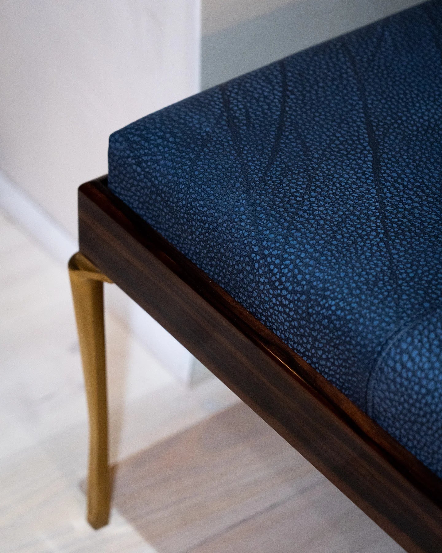 Copenhagen Daybed by Tom Nybroe, Scandinavian design Wooden frame with blue leather cushion and brass legs