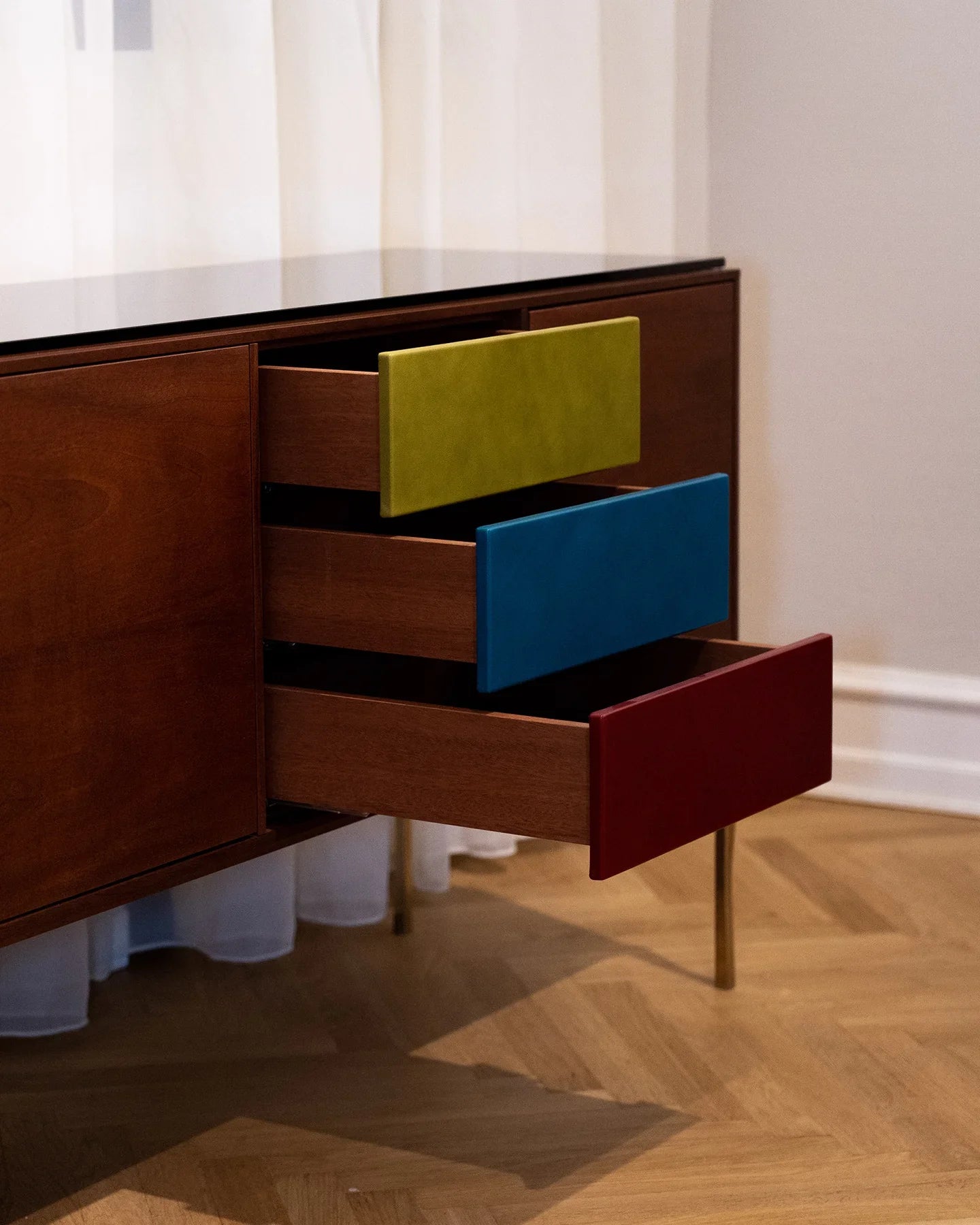 Copenhagen Console by Tom Nybroe, Scandinavian design, Console in mahogany with leather drawers, glass table top and brass legs  
