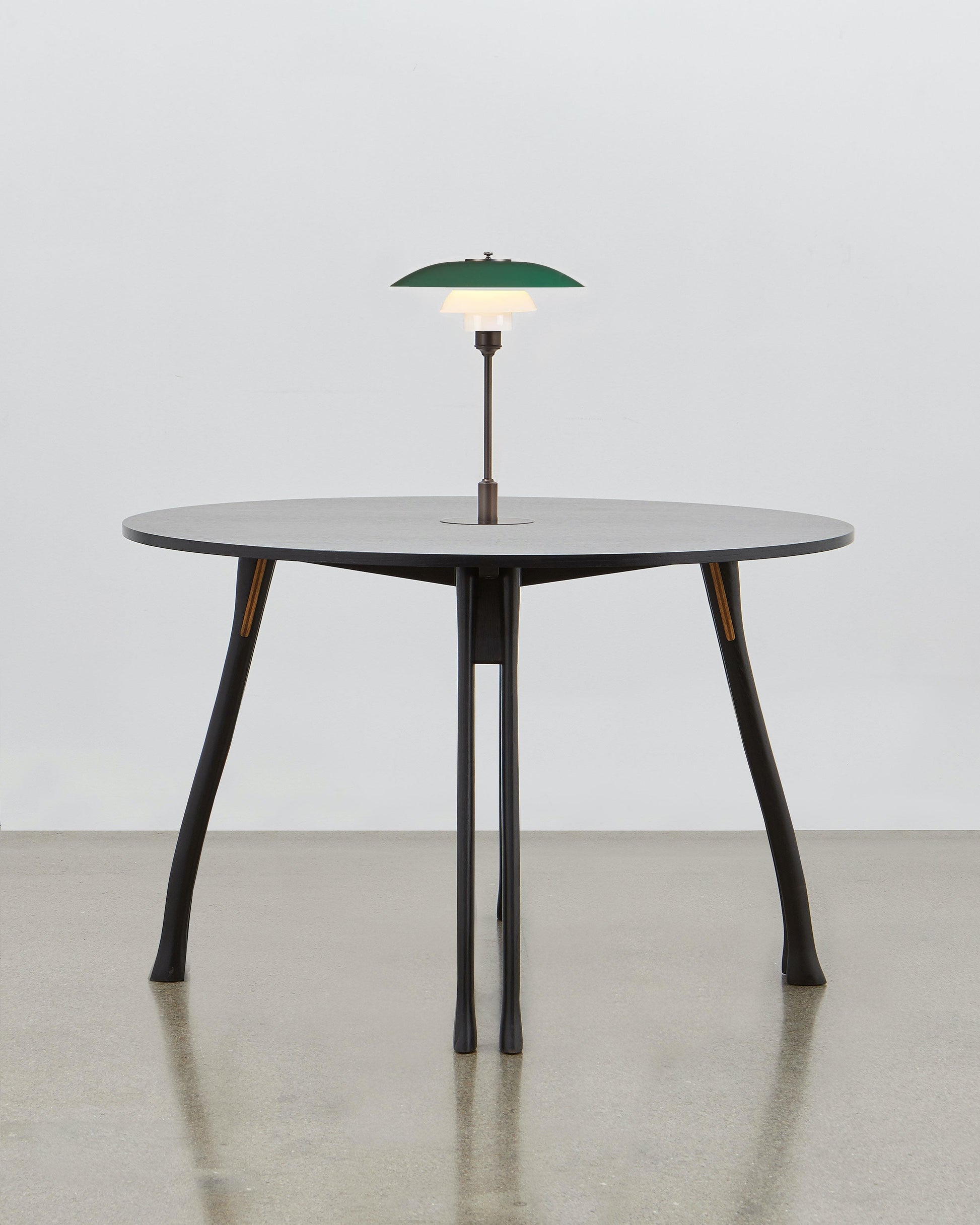 PH Axe Table by Poul Henningsen, Danish design classic (1954) Black painted oak wood with PH Lamp in green