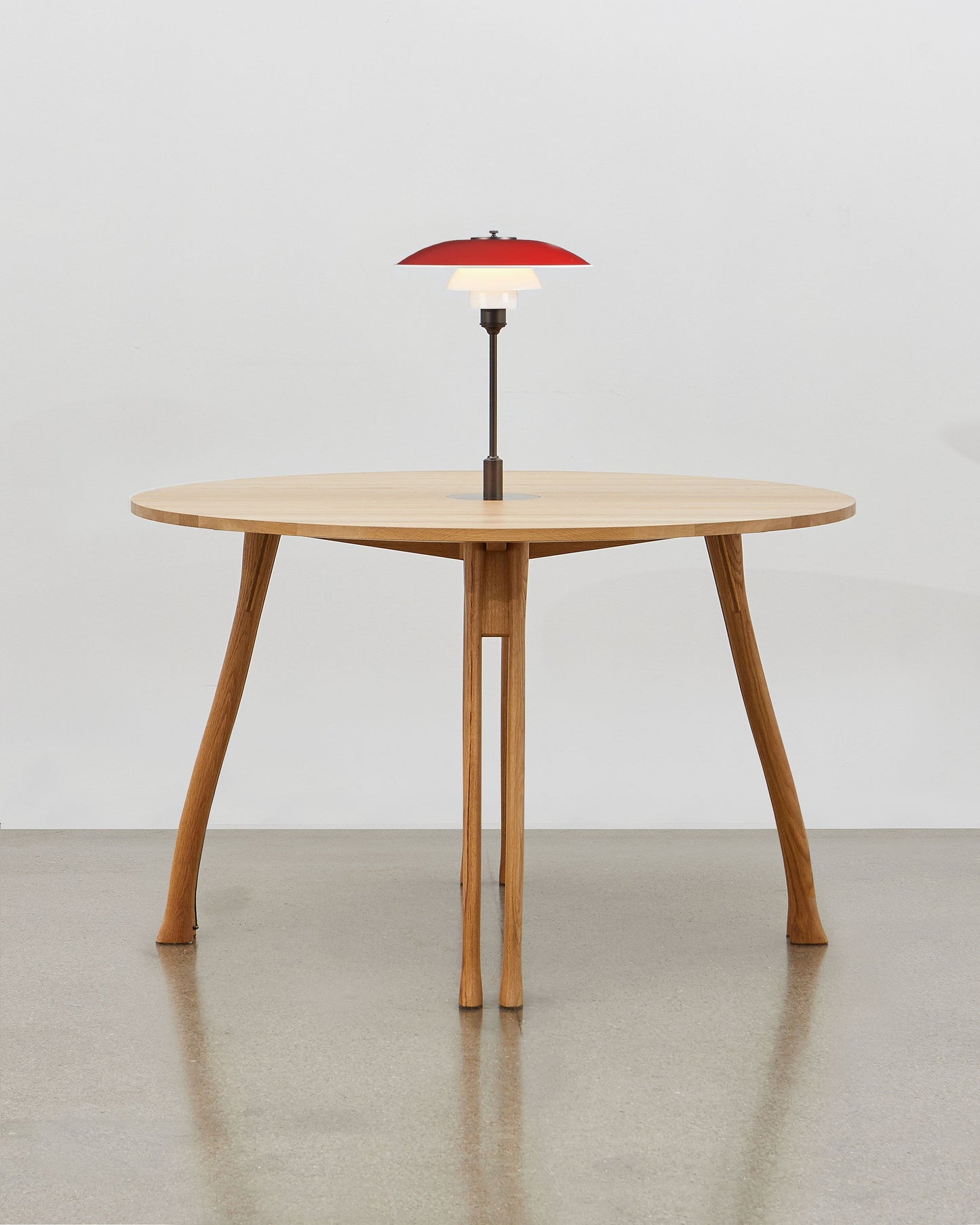 PH Axe Table by Poul Henningsen, Danish design classic (1954) Natural oak wood with PH Lamp in red