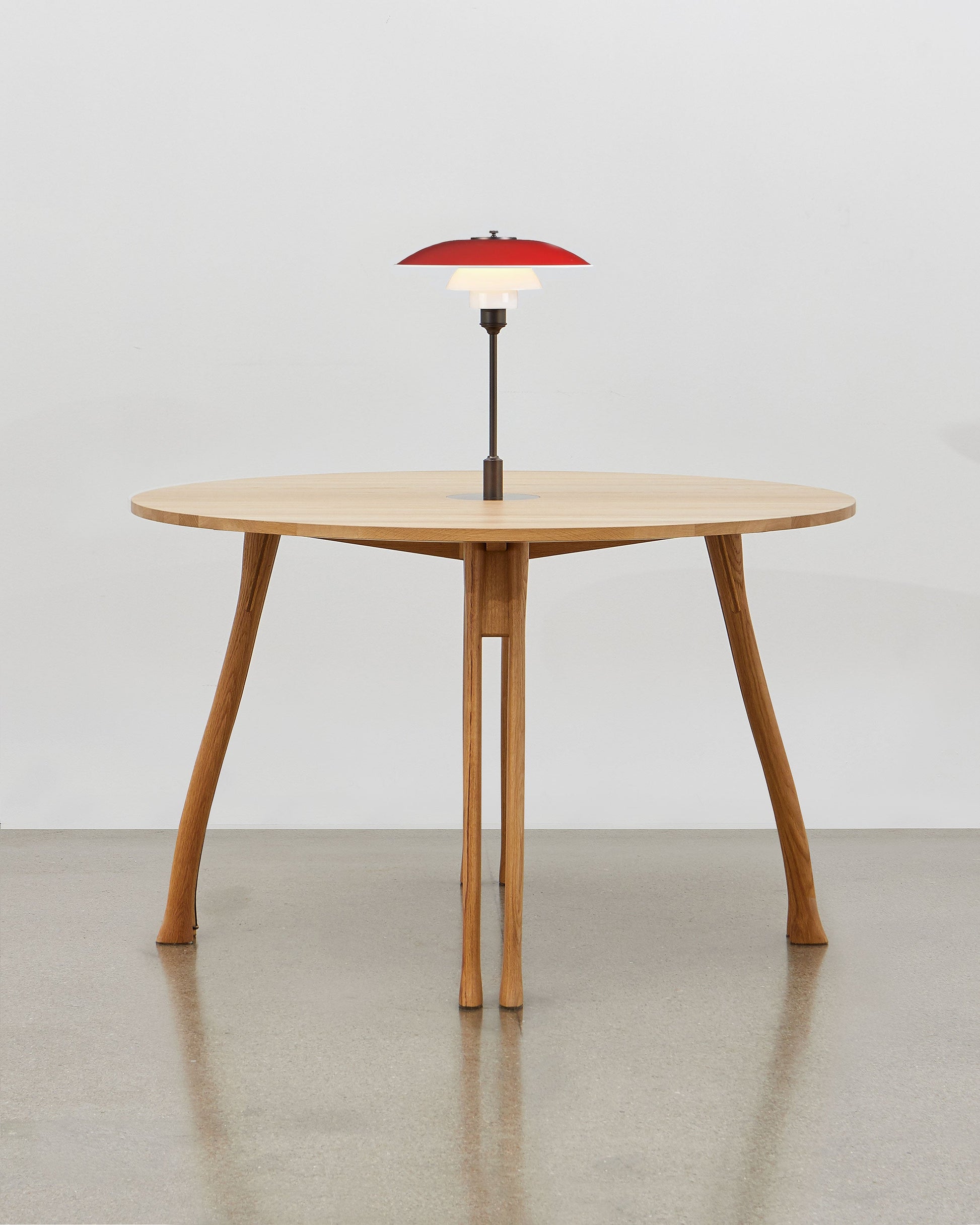 PH Axe Table by Poul Henningsen, Danish design classic (1954) Natural oak wood with PH Lamp in red
