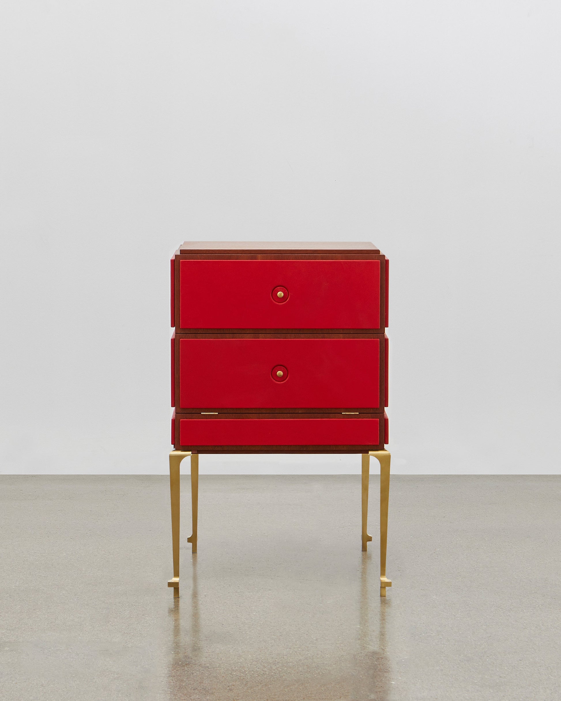 PH Small Drawer Chest by Poul Henningsen, Danish design classic (1930s) A small mahogany wooden drawer chest with brass legs and red leather panels